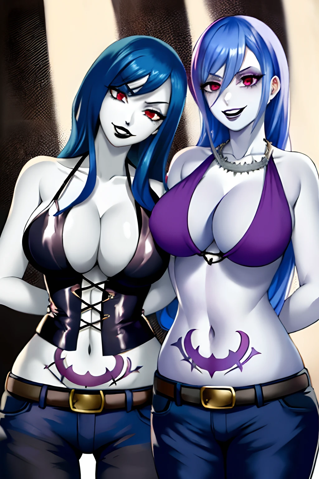 punk, crazy, fairy tail, mind control, hypnosis, clothing, corruption, rock, cloth, brainwash, rock of succubus, juvia_lockser, ((best quality)), ((highly detailed)), masterpiece, ((official art)), blue hair, (lips), looking at viewer,,(RockOfSuccubus), large breasts, navel, (purple), cleavage, midriff, belt, pants, (tattoo:1.1), pubic tattoo,makeup, (colored skin:1.3), (black lips:1.3),(lipstick), (pale skin:1.5), cross-laced clothes, ((arms behind back)),  handcuffed))), restrained