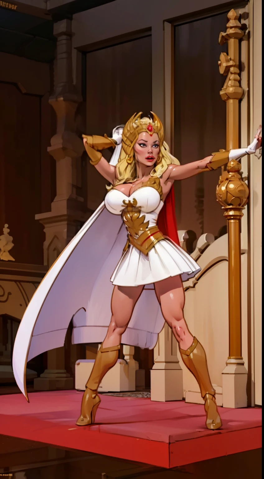 ((3d render:1.4)), ((full body view:1.2)), ((she-ra)),((1985)), (pale skin:1.2), (white skin:1.5), ((front view:1.3)), pale face, (puffy lips:1.4), (crown:1.4),(white skirt), ((gold gauntlets:1.3)), ((red cape:1.1)), (gigantic breasts:1.4), ((gigantic breasts:1.3)), design sheet, masterpiece, (slendered abs:1.2) ,detailed , shiny skin, beautiful lighting from the side, harsh light,epic pose, dynamic movie poster