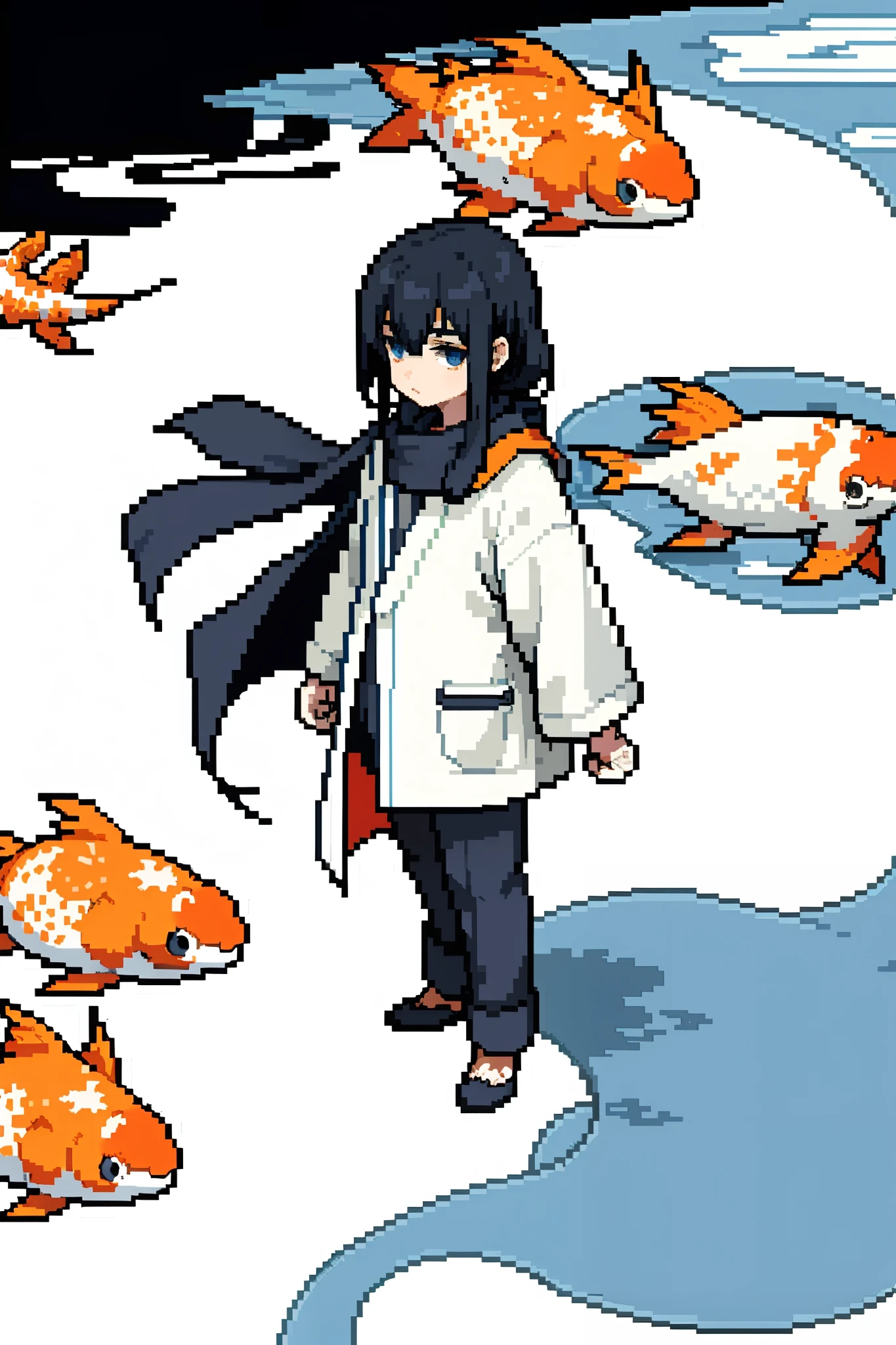 1male, adult, black straight hair, medium length hair, hyuga eyes, grey yukata, blue scarf, cloak, standing on path, koi pond