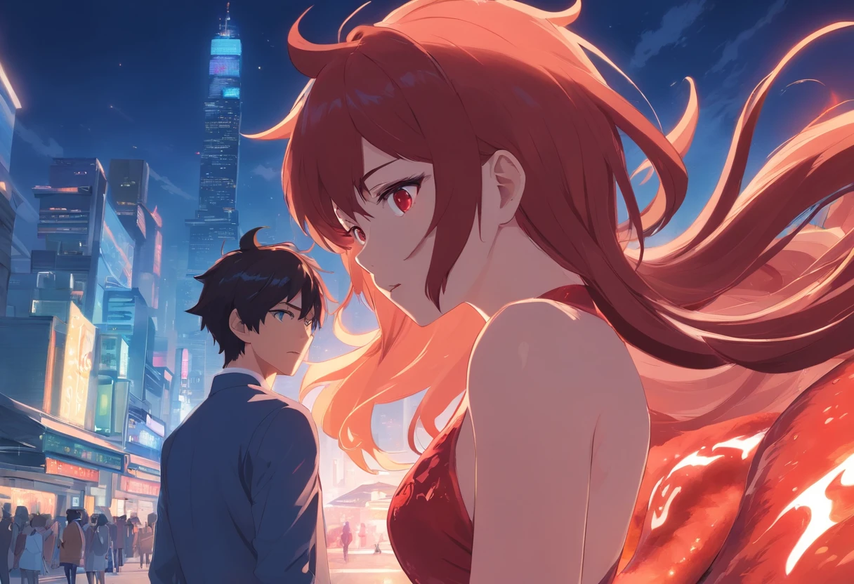 man with a crazy look in his eyes, lusting after a bealtiful voluptuous woman wearing kink dress, while a small red imp demon standing on his shoulder speaks ons his ears provoking him to comit the sin of lust