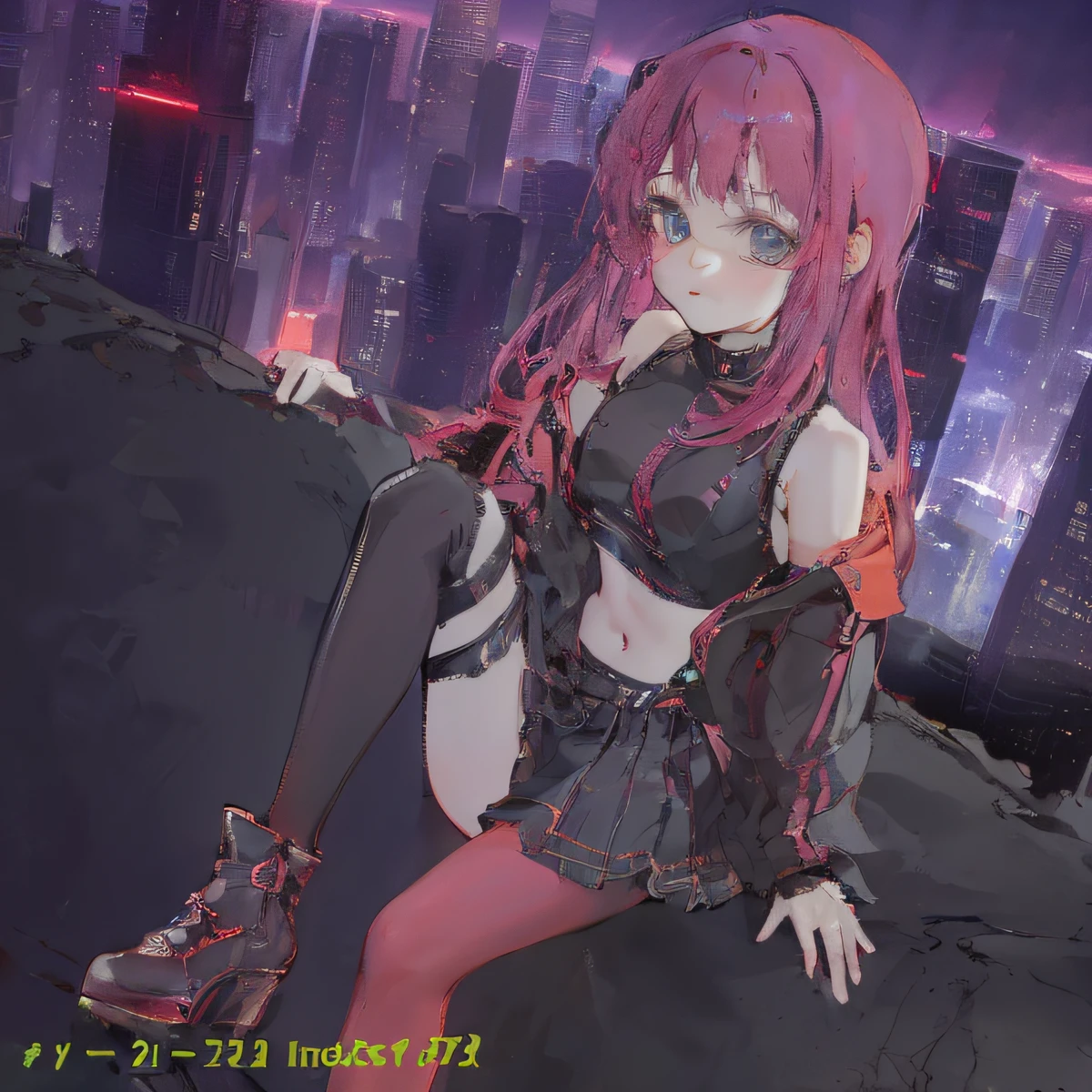 (QUALITY:0)
8k, 8k wallpaper, (an extremely delicate and beautiful:1.1), (beautiful detailed eyes:1.3), (best illustration:1.1), (best quality:1.3), (best shadow:1.1), (cinematic lighting:1.2), detailed eyes, (detailed_light:1.1), (dreamy:1.1), (extremely detailed CG unity 8k wallpaper:1.1), highres, (masterpiece:1.3), official_art, ray tracing, (stylized:1.3), trending on artstation, (ultra_detailed:1.2)
(STYLE & COMPOSITION:0)
1girl, (from_below, full_body:1.4), solo
(POSE & EXPRESSION:0)
blush, head_tilt, legs_apart, lips_apart, looking_at_viewer, standing, unamused
(CHARACTER:0)
aqua_eyes, aqua_hair, aqua_twintails, argyle_pantyhose, black_pantyhose, bare_shoulders, black_shirt, black_sirt, breasts_apart, crop_top, cropped_shirt, collarbone, Hatsune_Miku, high_heels, high-waist_skirt, lips, long_sleeves, makeup, (messy_hair:1.2), plaid_skirt, shiny_hair, shrug_\(clothing\), (small_breasts:1.3), very_long_hair
(BACKGROUND:0)
(TEXTUAL INVERSION:0)