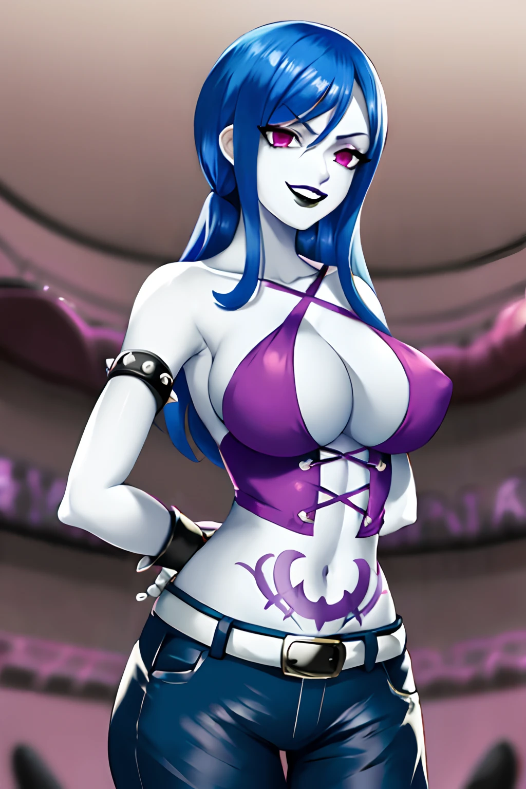 punk, crazy, fairy tail, mind control, hypnosis, clothing, corruption, rock, cloth, brainwash, rock of succubus, juvia_lockser, ((best quality)), ((highly detailed)), masterpiece, ((official art)), blue hair, (lips), looking at viewer, grin, teeth,(RockOfSuccubus), large breasts, navel, (purple), cleavage, midriff, belt, pants, (tattoo:1.1), pubic tattoo,makeup, (colored skin:1.3), (black lips:1.3),(lipstick), (pale skin:1.5), cross-laced clothes, ((arms behind back)), handcuffed))), restrained