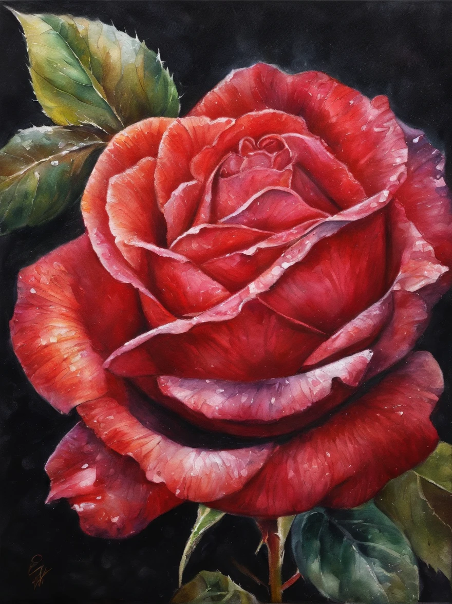 Painting of a red rose with green leaves on a black background - SeaArt AI