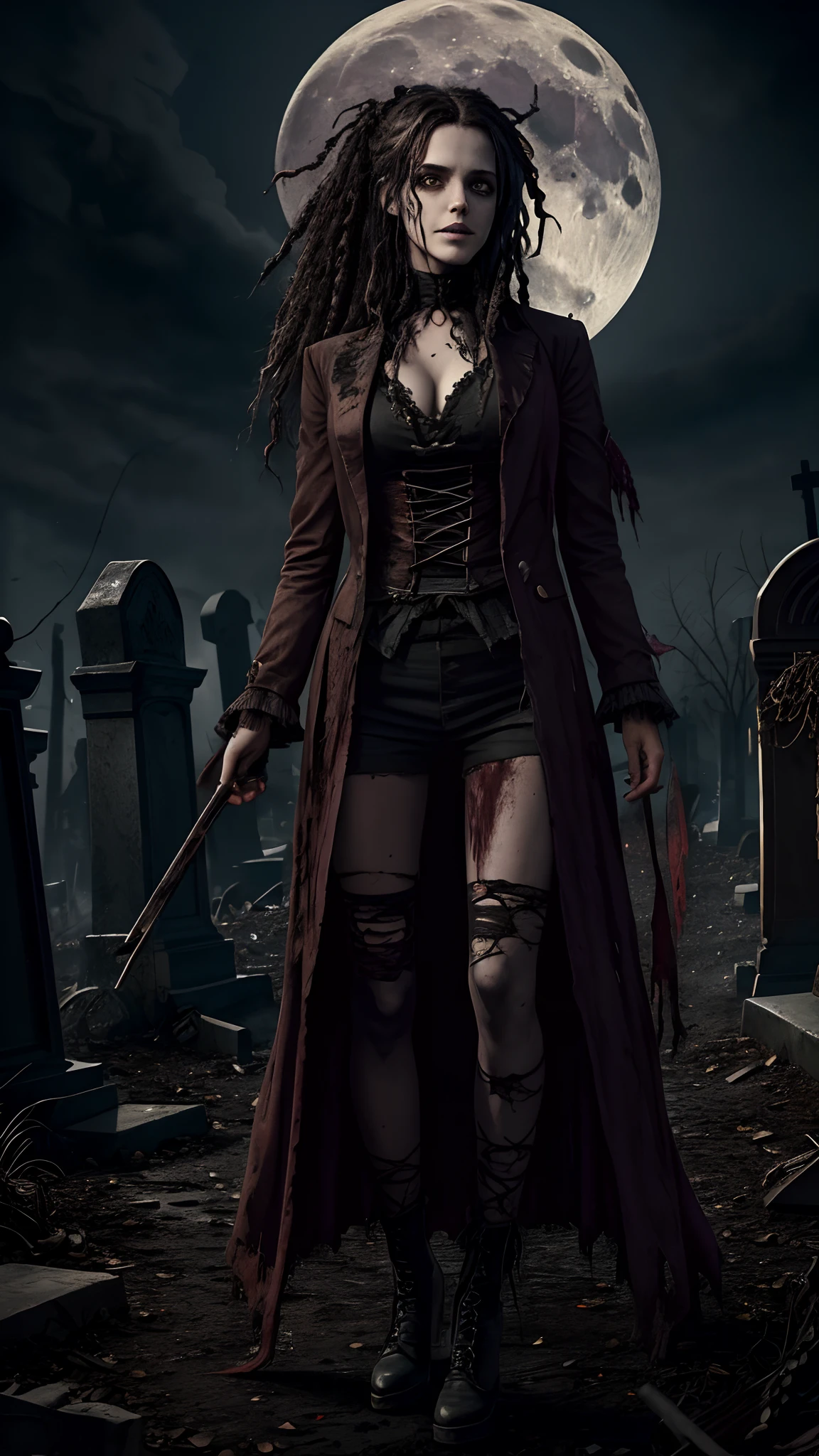 (best quality,4k,8k,highres,masterpiece:1.2),ultra-detailed,(realistic,photorealistic,photo-realistic:1.37),Halloween cosplay costume,Wife of the Frankenstain, living zombie girl,beautiful detailed eyes,beautiful detailed lips,extremely detailed eyes and face,longeyelashes,dark and gloomy atmosphere,sewn scars,decaying flesh, contact lenses,detailed eyes, teeth,deep eye sockets,frizzy hair,straggly and unkempt,long disheveled locks,dreadful and torn suit,tattered and dirty cosplay costume,ragged fabric,dirty and torn stockings,distorted body proportions,trick-or-treating bag with twisted candies,bony fingers,creepy and bony silhouette,twisted smile,bloodstains and dirt on clothes,spooky makeup,moonlit night background,haunted graveyard setting,horror theme,gothic fashion,vivid colors,harsh shadows,ominous lighting