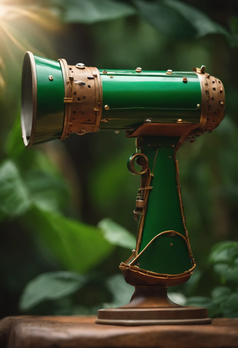 Futuristic concept of a megaphone made from recycled materials, sostenido por una mano humana, Eco-Friendly Trend, Organic Green, 8k, fondo muy difuminado