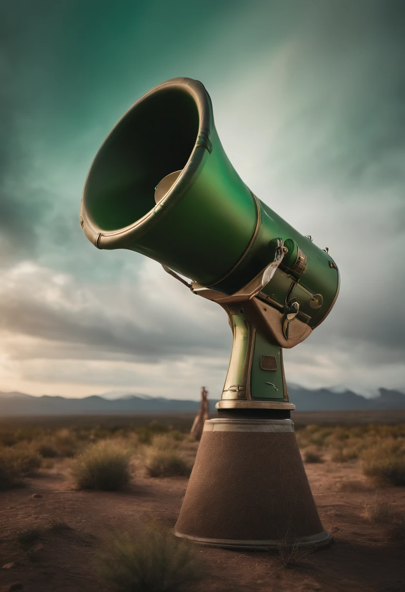 Futuristic concept of a megaphone made from recycled materials, sostenido por una mano humana, Eco-Friendly Trend, Organic Green, 8k, fondo muy difuminado