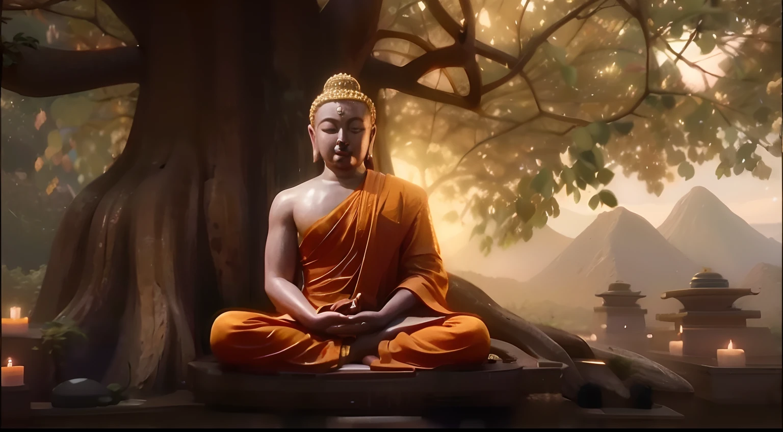 Buddha sitting in meditation under a tree with candles, budismo, hindu stages of meditation, budista, monge meditar, O Buda, Monge budista meditando, Buda, meditation, Zen Meditation, Monge budista, Meditando, Samsara, on path to enlightenment, spiritual lighting, meditating pose, orar meditando, monge, on the path to enlightenment, Uplighting, serenidade