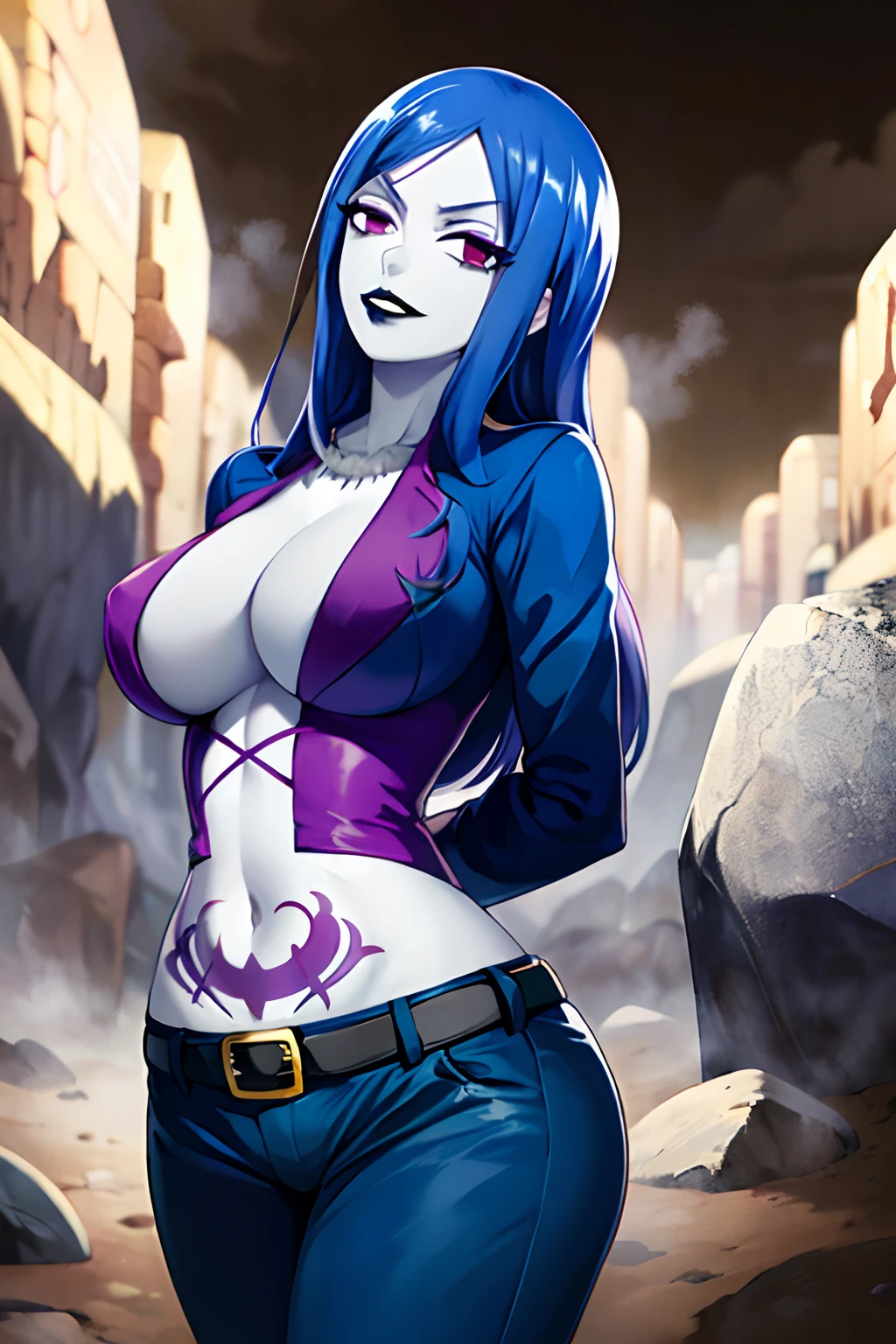 punk, crazy, fairy tail, mind control, hypnosis, clothing, corruption, rock, cloth, brainwash, rock of succubus, juvia_lockser, ((best quality)), ((highly detailed)), masterpiece, ((official art)), blue hair, (lips), looking at viewer,,(RockOfSuccubus), large breasts, navel, (purple), cleavage, midriff, belt, pants, (tattoo:1.1), pubic tattoo,makeup, (colored skin:1.3), (black lips:1.3),(lipstick), (pale skin:1.5), cross-laced clothes, ((arms behind back)),  handcuffed))), restrained