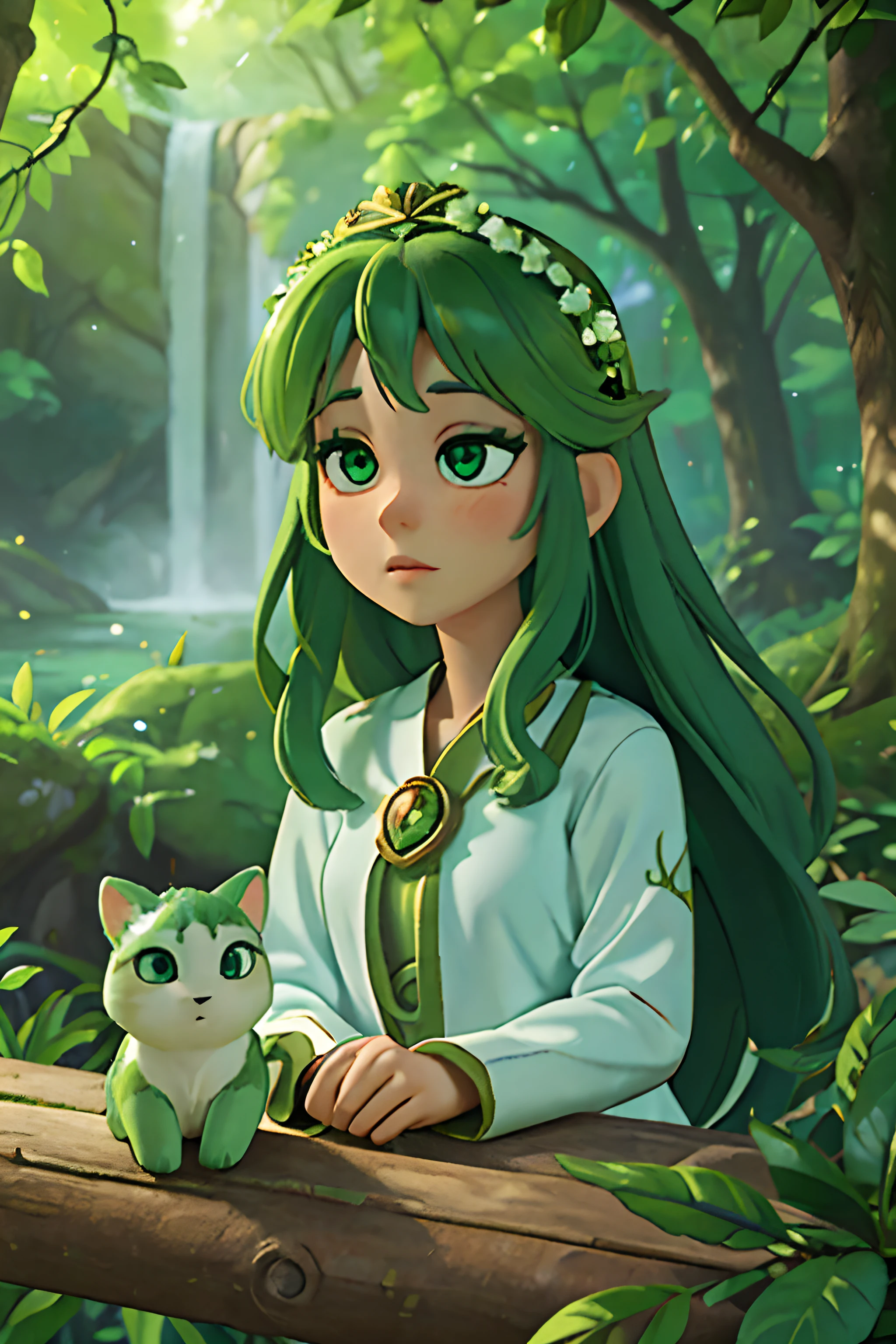 (best quality,ultra-detailed,realistic:1.37),forest guardian,beautiful detailed eyes,beautiful detailed lips,extremely detailed eyes and face,green hair,attractive,strong presence,nature lover,majestic,delicate,loving,shapeshifter,enchanted woodland,peaceful surroundings,harmonious colors,soft sunlight streaming through trees,mystical aura,serene expression,wisdom emanating from gaze,graceful movements,protective of all creatures,sensitive to the whispers of nature,floral crown,flowing robes made of leaves and vines,connection with animals and plants,peaceful coexistence with surroundings,gentle breeze rustling the leaves,sparkling waterfalls in the distance,magical animals as companions,diverse range of physical forms,effortlessly merging with the natural world.