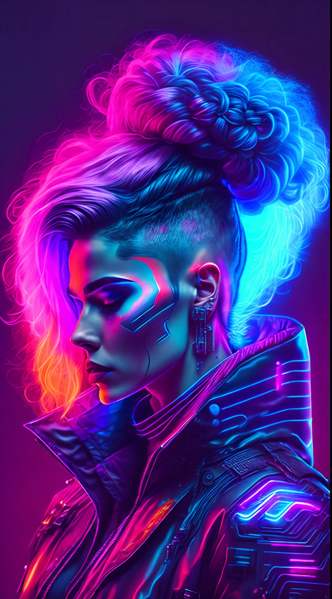 uma mulher com cabelo azul brilhante e uma jaqueta rosa, Penteado moicano rosa e azul, cores ultravioleta e neon, glamour da cor do retrato, cor estilo cyberpunk, cyberpunk cores vibrantes, rosa e azul neon, vibrant fan art, neon cyberpunk cores vibrantes, cores cyberpunk neon, cores synthwave!!, pop e cores vibrantes, punk neon escuro, Estilo Synthwave, 8K Vibrant Neon ColorsTechnological Advancements,brain computer interface,hoverboard,armadura do exoesqueleto,ruas sombrias e arenosas,Realidade virtual totalmente imersiva,Scathing commentary on society,Shimmering cybernetic tattoos,Futuristic cyberspace,efeitos digitais glitchy,assistente virtual AI,Toca do hacker,luzes LED multicoloridas,Nighttime precipitation,Explosive action scenes,Hidden Underground Rebel Base,Companheiros Android。