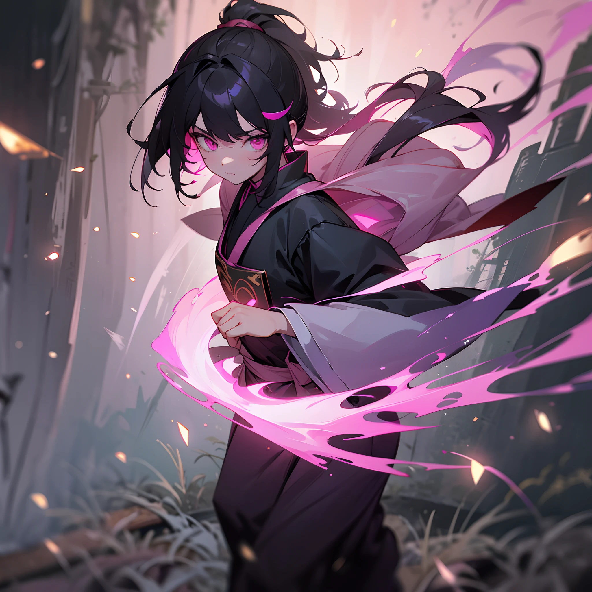 1female, young teen, finely detailed pink eyes, messy medium black hair with pink highlights, night time village, loose ninja clothing, walking down shrine path, fireflies,