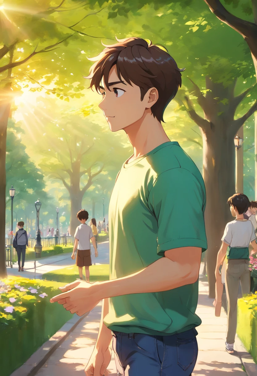 (best quality,4k,8k,highres,masterpiece:1.2),ultra-detailed,(realistic,photorealistic,photo-realistic:1.37),A young man with short hair is standing in a park. He is wearing a black t-shirt and jeans. The t-shirt fits perfectly, showing his well-toned body. His jeans are slim-fit and accentuate his long, muscular legs. The man extends his right hand as if shaking hands with someone, creating a friendly gesture.
The park is filled with lush green trees and vibrant flowers, creating a refreshing atmosphere. The sunlight illuminates the scene, casting subtle shadows on the ground. The warm golden rays enhance the colors and provide a natural glow to the surroundings.
The man's side view reveals his chiseled jawline, his handsome face with defined cheekbones and piercing eyes. The sunlight highlights his strong features, adding a sense of depth and dimension to his face. His eyes are deep and expressive, conveying a sense of warmth and kindness.
In the background, there are people enjoying various activities in the park, such as walking, jogging, or playing with their pets. The park exudes a lively and energetic vibe, making it a perfect place to relax and enjoy nature.
The overall artwork is rendered in a realistic style, capturing every intricate detail of the man's appearance, from the texture of his clothes to the strands of his hair. The colors are vivid and vibrant, showcasing the beauty of the park and the man's attire. The lighting is soft and natural, bringing out the warmth and serenity of the scene.
This masterpiece of art combines the elements of nature, human presence, and sunlight to create a captivating and immersive visual experience. It conveys a sense of youthful energy, friendship, and the joy of being outdoors.