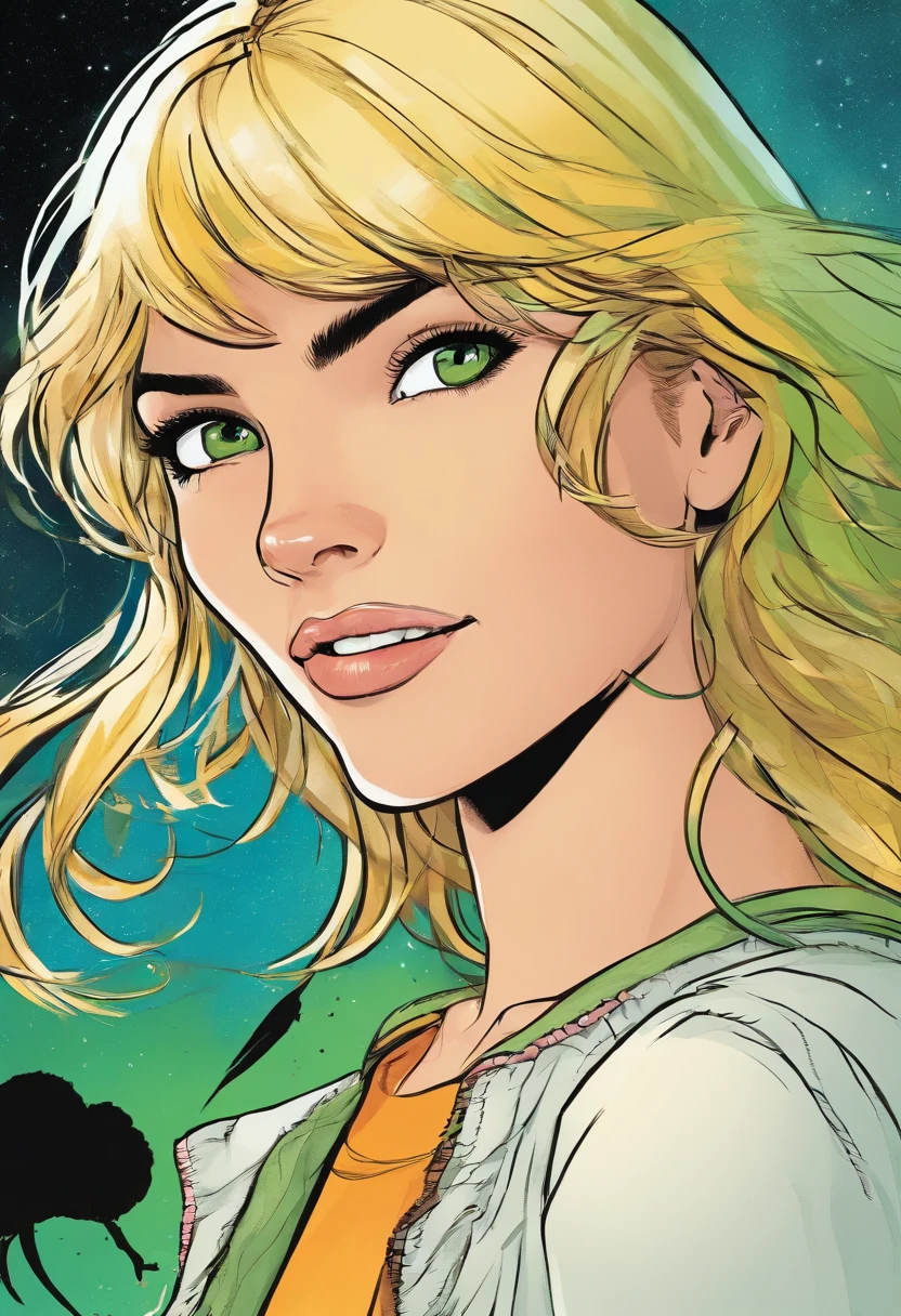 American comic, young, teenage girl, white, green eyes, blonde shoulder length hair with bangs, smile, happy