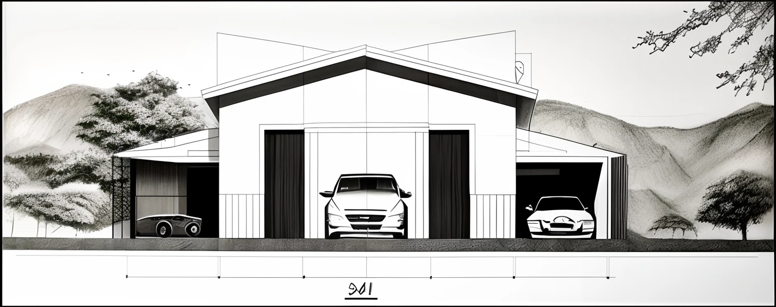 a drawing of a house with a car parked in front of it, AutoCAD 2D, Vista lateral 2D, Construction plans, architectural section, elevation view, front elevation view, 3/4 view, 3 / 4 view, 3/4 vista frontal, vista frontal, a digital rendering, em detalhe, desenho de montagem, desenho do plano, architectural drawing