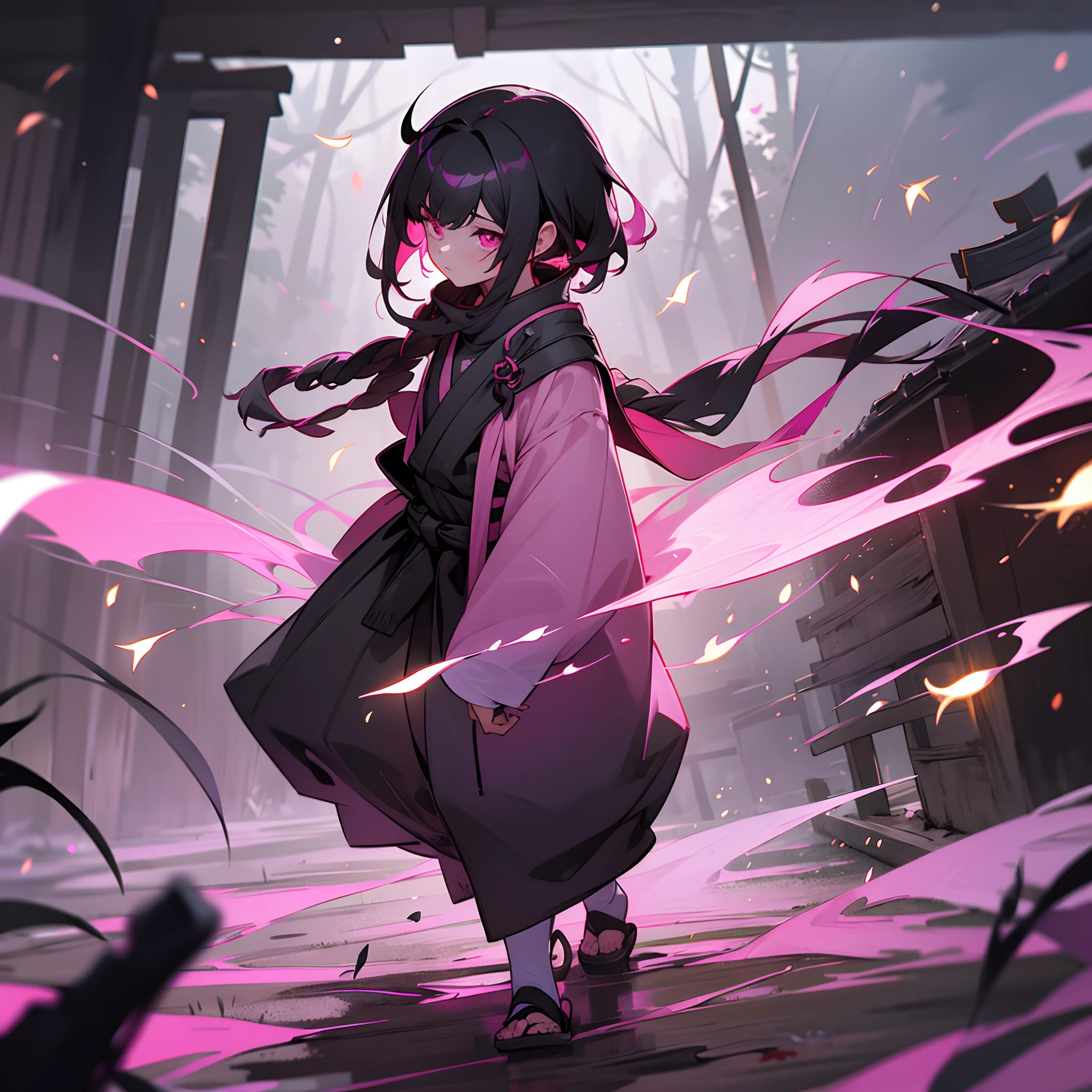 1female, young teen, finely detailed pink eyes, messy medium black hair with pink highlights, night time village, loose ninja clothing, walking down shrine path, fireflies,