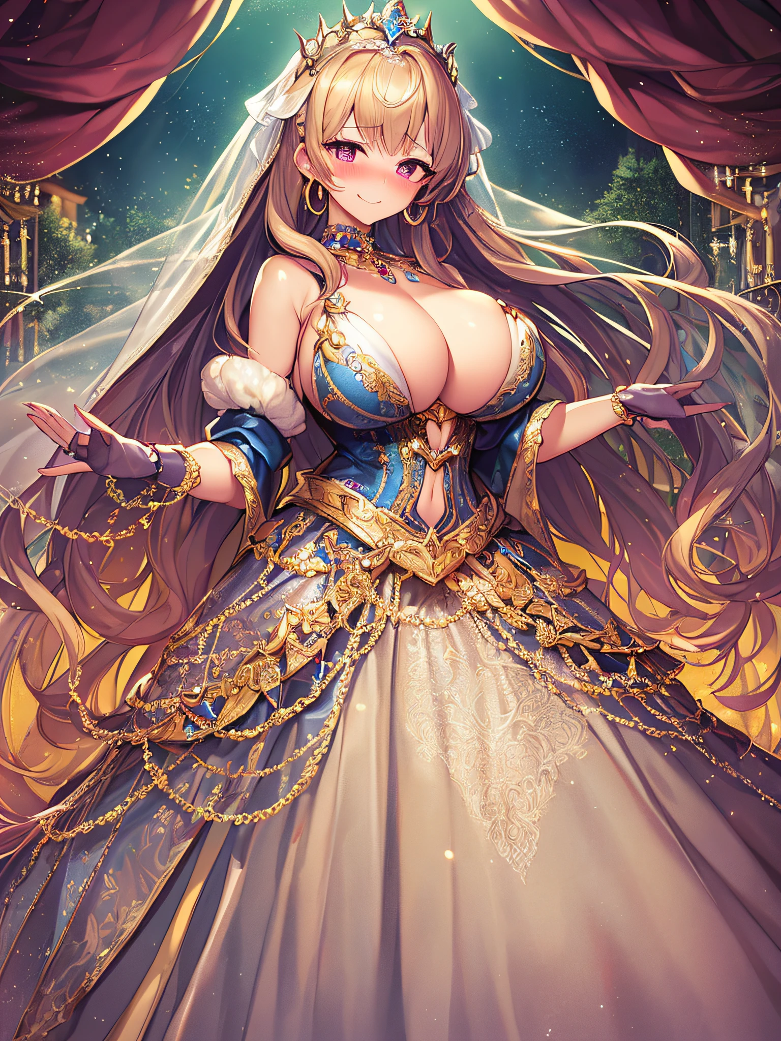 ((Anime Art Style)),(masutepiece),(Best Quality), (Super Detail),((Very delicate and beautiful)),((Full body portrait)),((Stand in the garden)),((Solo)),embarrassed,(((One princess in very gorgeous princess ballgown with voluminous full length hoop skirt))),(enormous Crinoline Hoop Skirt),Long Train,Gorgeous embroidery and jewelry,(((very gigantic boobs,Skindentation))),((large amount of straight hair,extremely voluminous Hair,Very Long Straight Hair)),(finely detailed face and eyes),((Seductive smile,embarrassed)),(extremely gorgeousfull hair ornament,very gorgeous tiara adorned with bling-bling jewels),Glitter Gorgeous Gemstone Jewelry,Gorgeous Long Veil,(opera gloves),(Beautiful background),(Full body),((gorgeous princess ballgown with voluminous full length hoop skirt)),