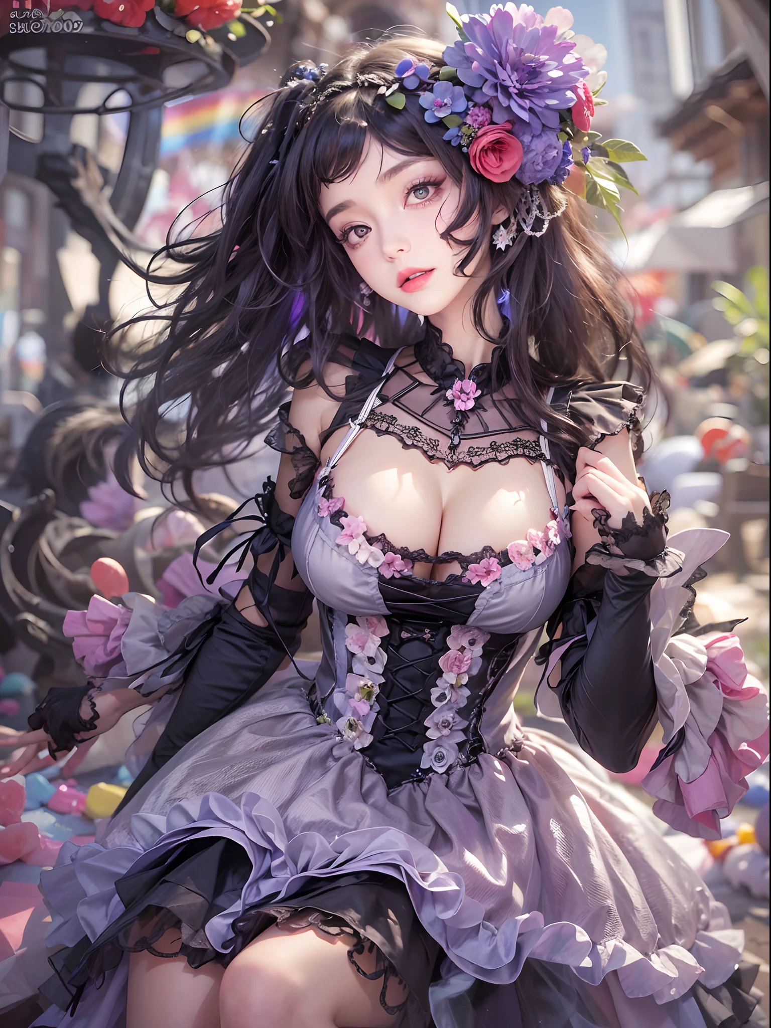 masterpiece,mature, 25yo,best quality,1girl,gothgal,frilly dress 8k,highres, ( flower_styler:1.2)(rainbow-candy:1.2) ((large breast,big boobs))