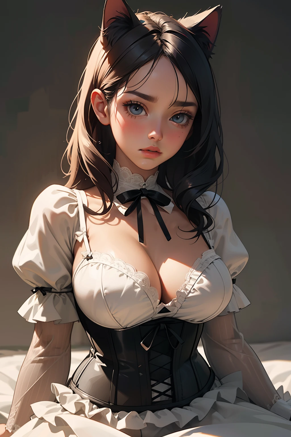 [Artwork of exceptional craftsmanship],(Detailed illustrations,Art based on extremely ideal anatomy,Very detailed and detailed drawing,Delicate lines with slow and rapid,(Realistic texture expression)),[Color tressed main line],[Strange bedroom background],[HENTAI ANIME] (Japanese Girl (Beautiful shape) 15yo student [Luxury Girl] (cat ear ((plump)) (large chest with drooping,[wide areola]))),(Full body lingerie (Pure white corset) (Ribbon Ruffled Lace Fabric [lolita fashion])),[Realistic and glossy skin expression ([High humidity] (Soft body)),([sitting] [[boredom]] gravure),Transparency, soft ambient light,(Perfectly proportioned),(Fine and beautiful skin expression [realistic skin detail]),(Design built to the highest level,[Advanced structural understanding of materials],Ideal color coordination),(Intricate and beautiful decoration (Dense detail)),(More on shiny hair),[Perfect hand details],(Beautiful perfect face [Realistic face details]),[Clear gaze],[long and beautiful eyelashes],[Perfect eye details (Eyes beautifully drawn down to the smallest detail)],(detaileds,high-detail),((Precision Detail),[multi-layer texture],HighQuality,hight resolution),[Accurate simulation of light-material interactions,Understanding Airflow,Mechanically correct representation],[Visual art that conveys a sense of narrative] [Full body like],[[Desaturation]].