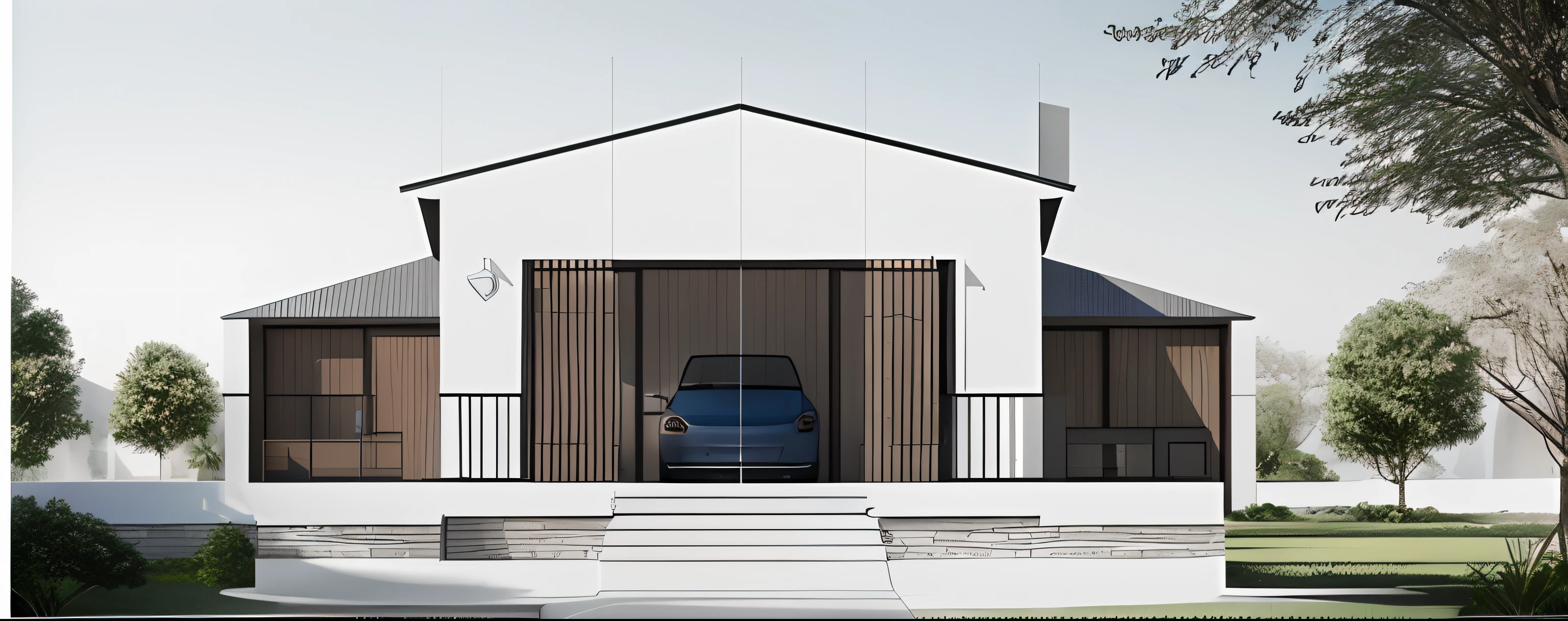 a drawing of a house with a car parked in front of it, AutoCAD 2D, Vista lateral 2D, Construction plans, architectural section, elevation view, front elevation view, 3/4 view, 3 / 4 view, 3/4 vista frontal, vista frontal, a digital rendering, em detalhe, desenho de montagem, desenho do plano, architectural drawing