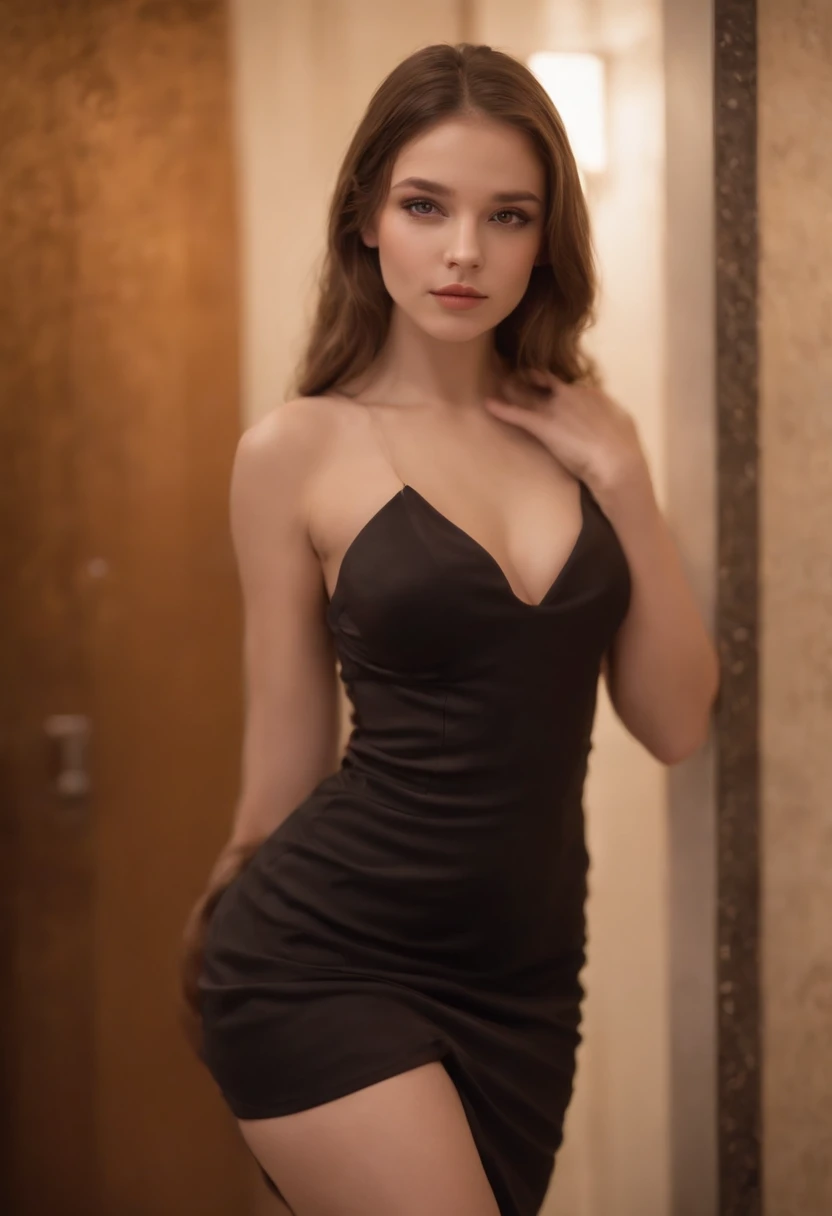 NSFW - Full-length photograph of Gorgeous ager in very sexy black party dress, NUDE, nipples partially visible at the club toilets