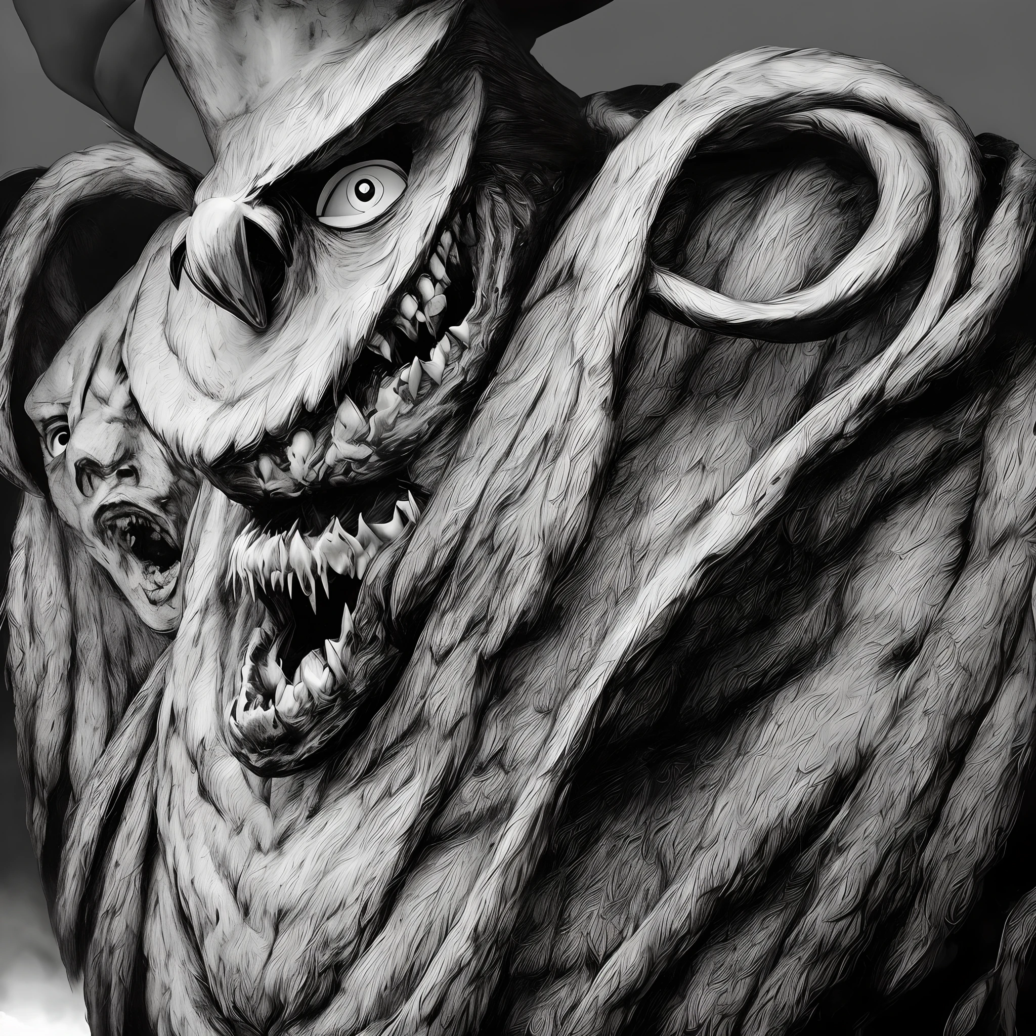 Comic Book style; Horror; Black & White ; An 10ft tall entity with an owl like face with a humanoid smile with large ugly teeth, has ling black feathers for hair, wears a black hat