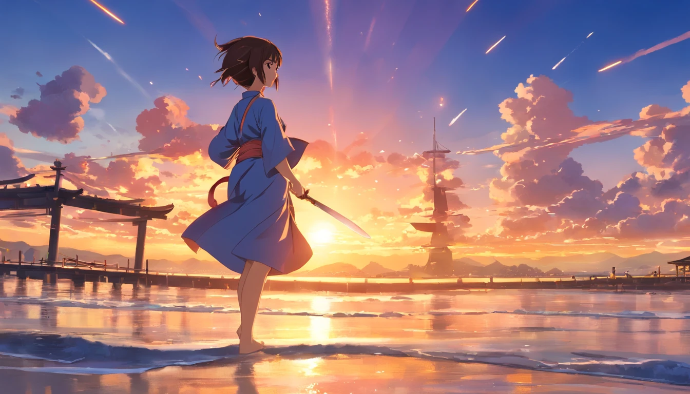 chef-d'work, beste-Qualit, film encore,
1 Ronin Samurai , fille nuage, flottant dans le ciel, gros plan, lumineux, joyeux, soft and warm lighting, coucher de soleil, (Sparks : 0,7)