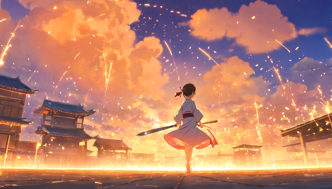 chef-d&#39;work, beste-Qualit, film encore, 
1 Ronin Samurai , fille nuage, flottant dans le ciel, gros plan, lumineux, joyeux, soft and warm lighting, coucher de soleil, (Sparks : 0,7)