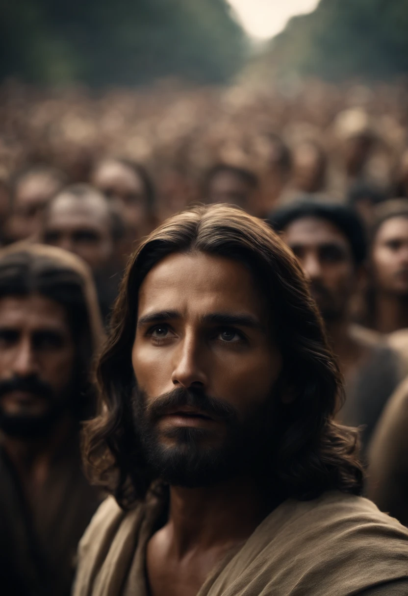 jesus christ preaching and a crowd around, male, bearded, long hair, brown hair, brown eyes, centered face, sunset, portrait, face, gorgeous, perfect composition, gorgeous detailed intricate insanely detailed octane rendering trend in art season, fine art photography 8k, photorealistic concept art, perfect light soft natural volumetric chiaroscuro, award-winning photography, artwork
