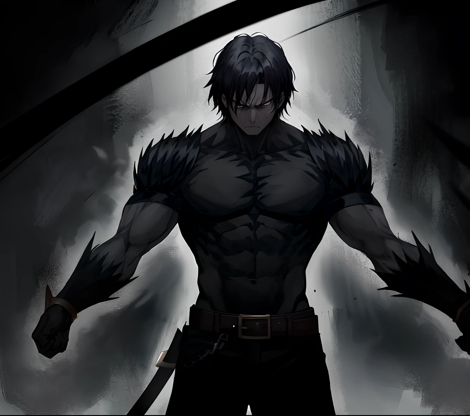 The man, black hair, cursed arms, darkness, angry, sad, anime