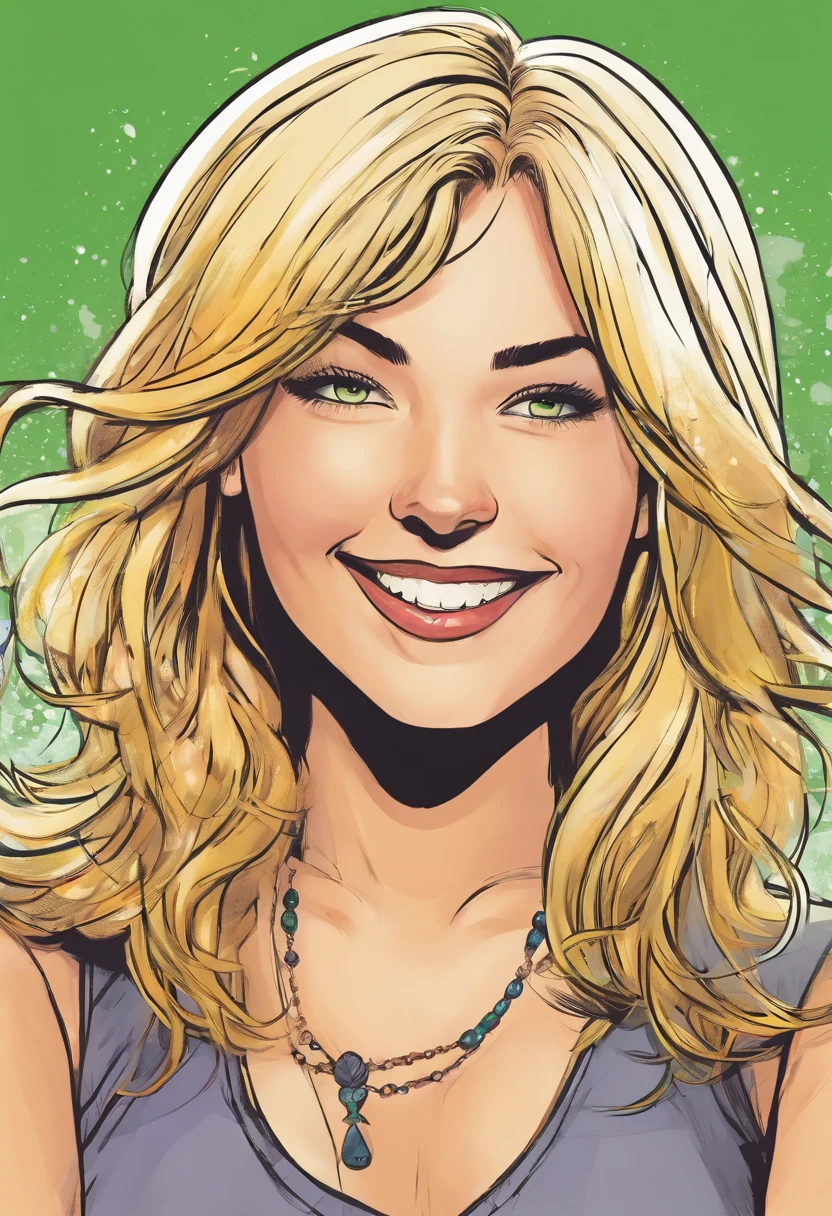 American comic, young, teenage girl, white, green eyes, blonde shoulder length hair with bangs, smile, happy, round face