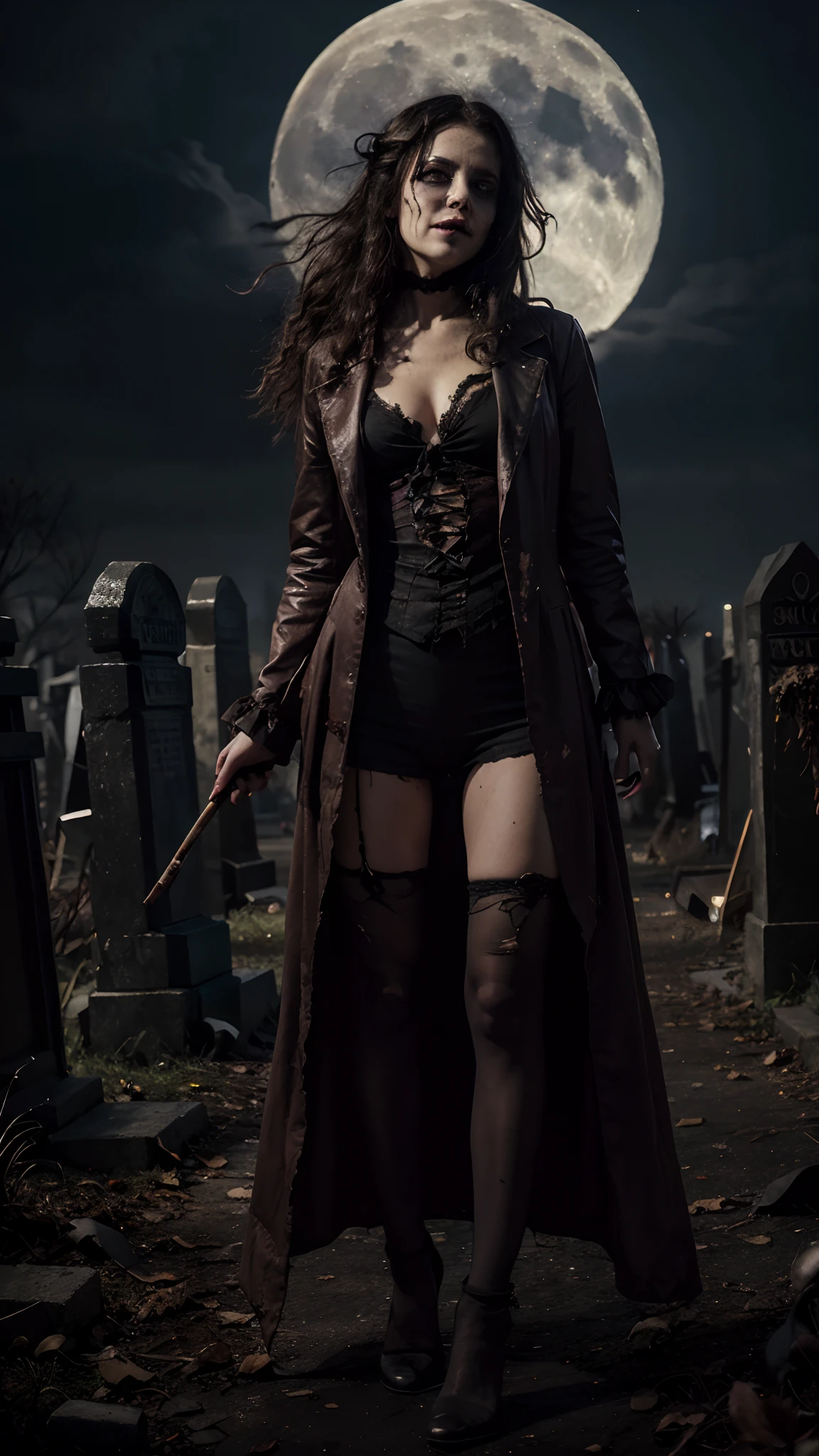 (best quality,4k,8k,highres,masterpiece:1.2),ultra-detailed,(realistic,photorealistic,photo-realistic:1.37),Halloween cosplay costume,Wife of the Frankenstain, Buffi Vampire Hunter, living zombie girl,beautiful detailed eyes,beautiful detailed lips,extremely detailed eyes and face,longeyelashes,dark and gloomy atmosphere, scars, contact lenses,detailed eyes, teeth,deep eyes,frizzy hair,straggly and unkempt,long disheveled locks,dreadful and torn suit,tattered and dirty cosplay costume,ragged fabric,dirty and torn stockings,distorted body proportions,trick-or-treating bag with twisted candies,bony fingers,creepy and bony silhouette,twisted smile,bloodstains and dirt on clothes,spooky makeup,moonlit night background,haunted graveyard setting,horror theme,gothic fashion,vivid colors,harsh shadows,ominous lighting