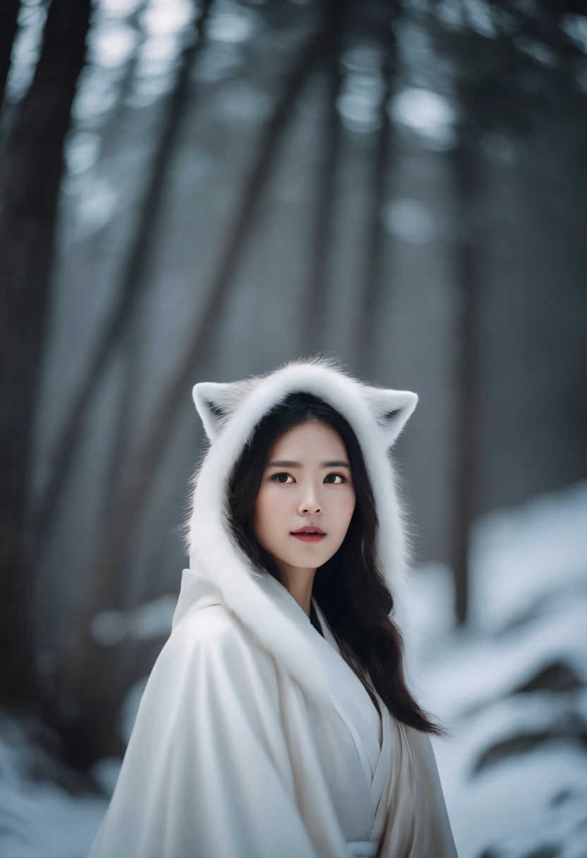 Korean girl in white hanbok, On the shoulders is a winter cape with a hood, Dark brown hair, Part of the hair is gathered and decorated with hairpins, In an icy forest next to a white fox.