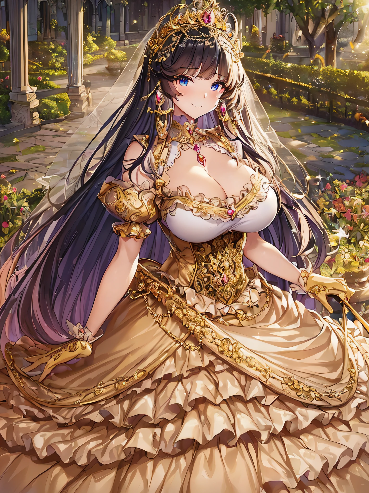 ((Anime Art Style)),(masutepiece),(Best Quality), (Super Detail),((Very delicate and beautiful)),((Full body portrait)),((Stand in the garden)),((Solo)),embarrassed,(((One princess in very gorgeous Rococo princess ballgown with voluminous full length hoop skirt))),(enormous Crinoline Hoop Skirt),Long Train,Gorgeous embroidery and jewelry,(((very gigantic boobs,Skindentation))),((large amount of straight hair,extremely voluminous Hair,Very Long Straight Hair)),(finely detailed face and eyes),((Seductive smile,embarrassed)),(extremely gorgeousfull hair ornament,very gorgeous tiara adorned with bling-bling jewels),Glitter Gorgeous Gemstone Jewelry,Gorgeous Long Veil,(opera gloves),(Beautiful background),(Full body),((gorgeous Rococo princess ballgown with voluminous full length hoop skirt)),