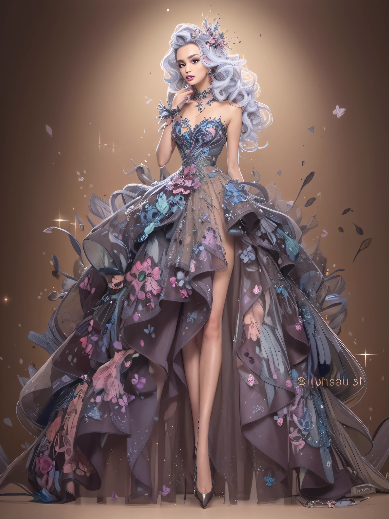 um desenho de uma mulher em um vestido com um design colorido, wearing a magnificent dress, detailed fashion illustration, vestido extravagante, vestido intrincado, exquisite digital illustration, um vestido intrincado, rossdraw desenho animado vibrante, luxury fashion illustration, vestido de fantasia, vestido detalhado e rosto, magic robe, design de alta moda, RossDraw pastel vibrante, Inspirado em RossDrew, arte conceitual de moda, vestido preto com detalhes multicoloridos, detalhes intricados, melhor qualidade