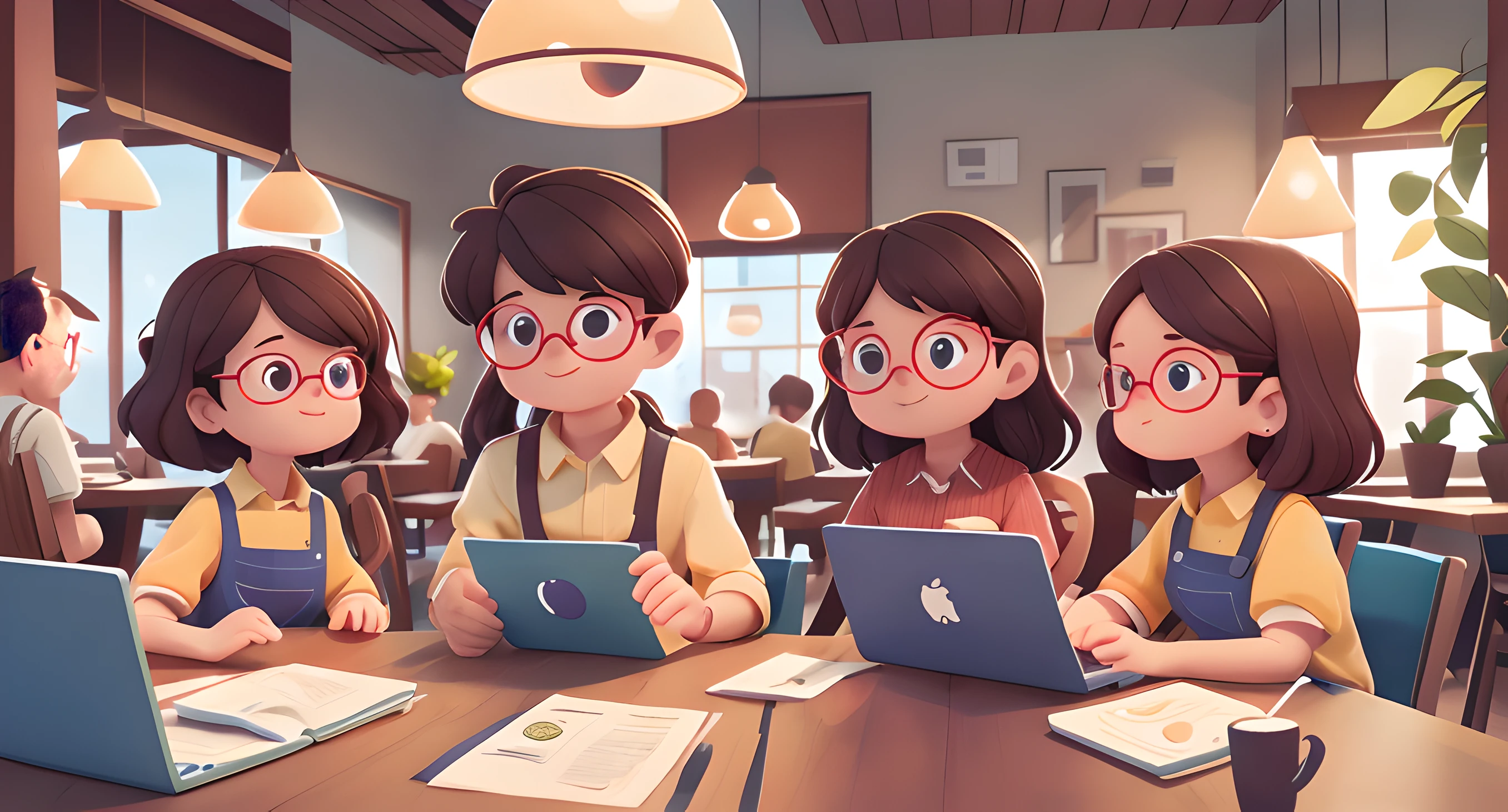 A group of programmers sitting at a table in a restaurant, working to fix a programming bug on a laptop. Illustration, high-quality [4k,8k] image with ultra-detailed description, realistic style, vivid colors, and sharp focus. The scene is well-lit with studio lighting. The programmers are entirely focused, displaying intense concentration on their faces and attentively typing on the laptop keyboard. The restaurant setting includes tables, chairs, cutlery, and plates. The programmers are dressed casually, wearing t-shirts and jeans. The laptop screen displays lines of code, with some code highlighted to indicate the bug. The atmosphere in the restaurant is lively, with other diners enjoying their meals in the background. The overall color scheme is warm and inviting, with hints of blue and green.