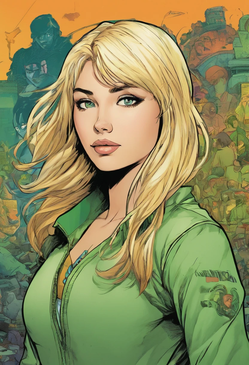 American comic, the panel shows a young looking teenage girl with blonde shoulder length hair and bangs, she is white with green eyes