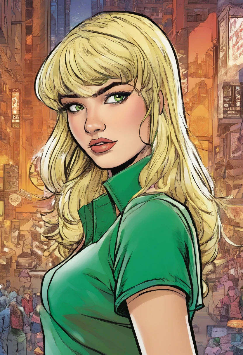 American comic, the panel shows a young looking teenage girl with blonde shoulder length hair and bangs, she is white with green eyes