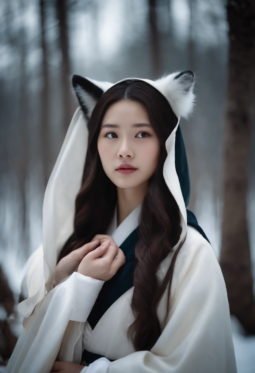 Korean girl in white hanbok, On the shoulders is a winter cape with a hood, Dark brown hair, Part of the hair is gathered and decorated with hairpins, In the icy forest next to her, there is a white fox, He's sitting next to me.