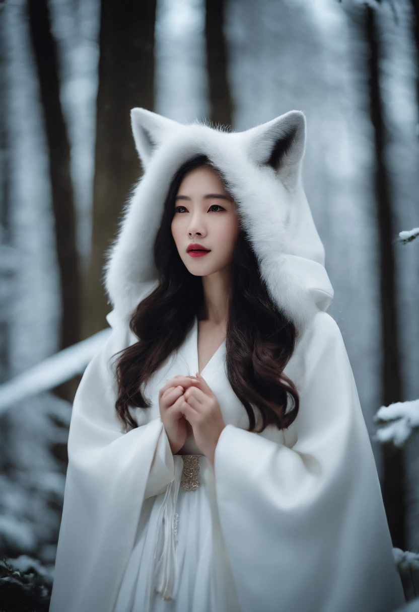 Korean girl in white hanbok, On the shoulders is a winter cape with a hood, Dark brown hair, Part of the hair is gathered and decorated with hairpins, In the icy forest next to her, there is a white fox, He's sitting next to me.