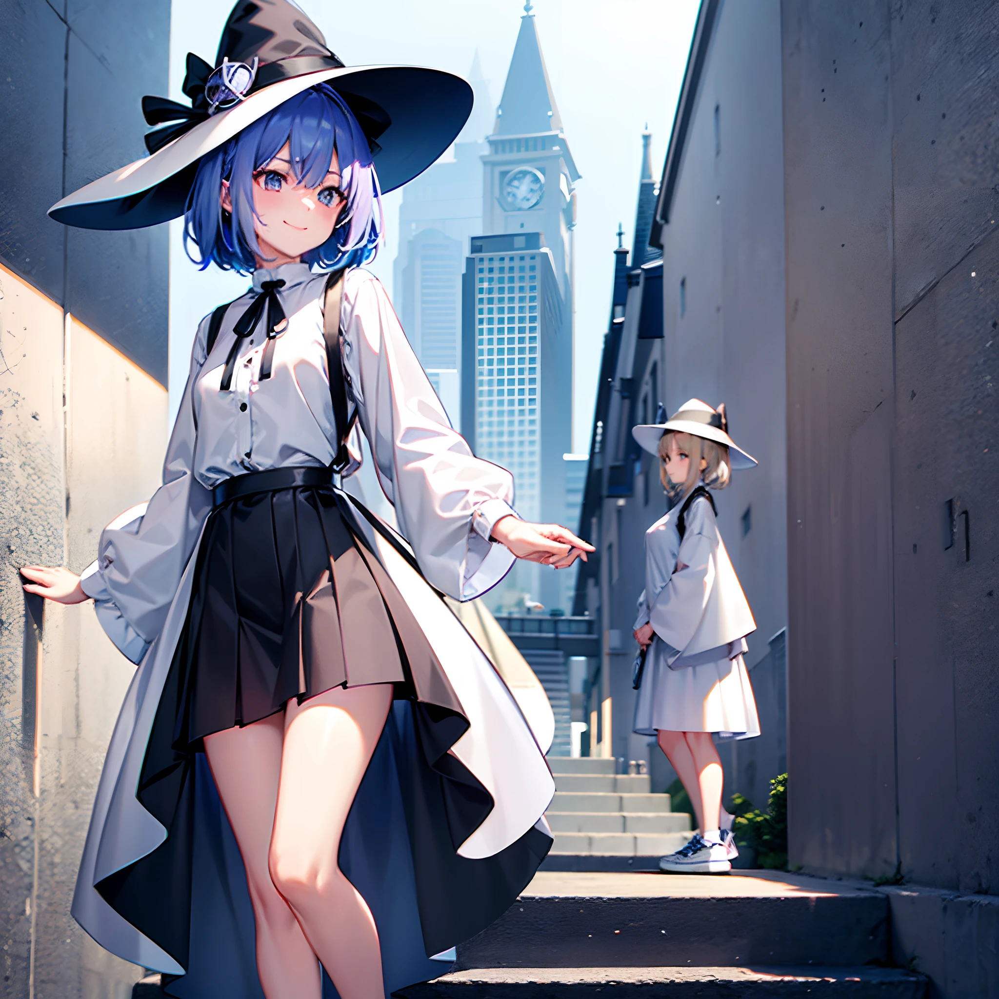 A mystical otherworldly half-timber town、Standing Girl、Black coat、white t-shirt、a black skirt、beautiful thigh、Beautiful calves、White long bob hairstyle with blue-violet mesh、Looking at me with a smile、Black sneakers with white shoelaces、Large witch hat with sapphire accessories、Dark brown eyes with highlights、On a hilltop with a panoramic view of the town