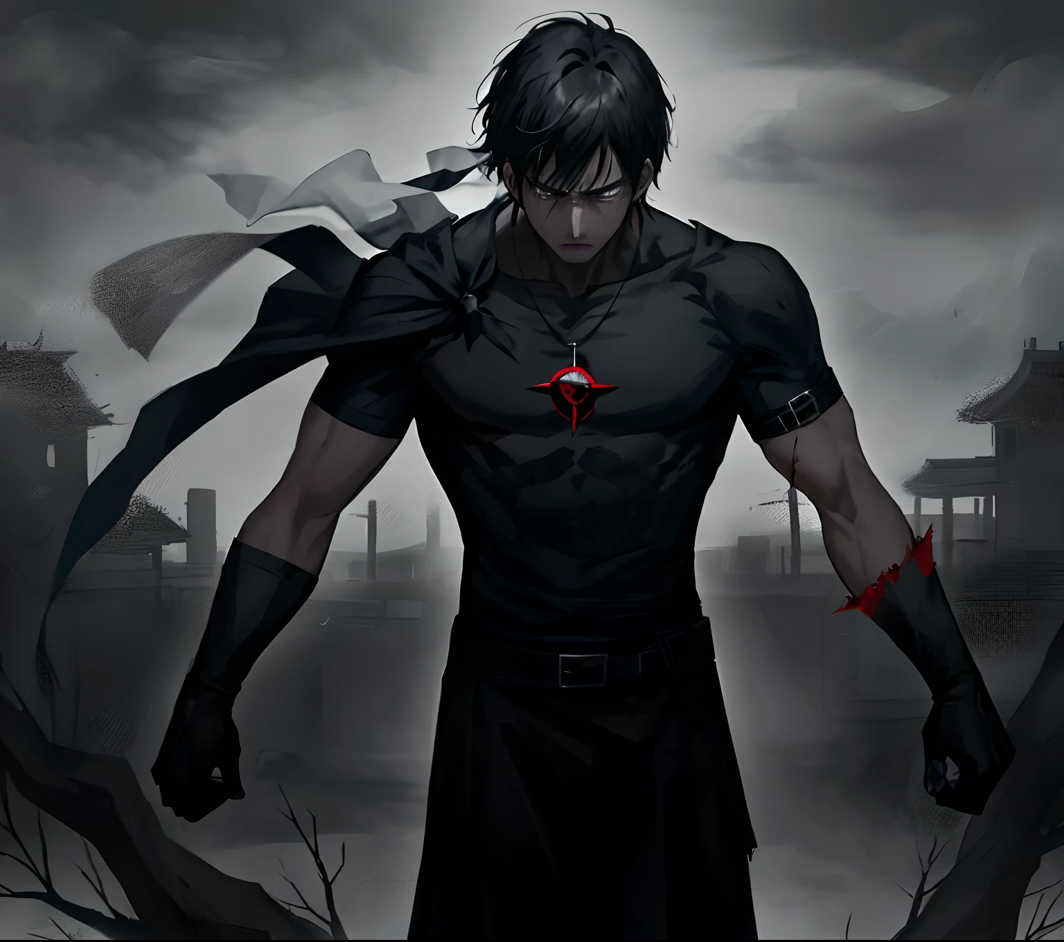 The man, black hair, Black magic wound on his arms, lonely tree darkness, angry, sad, anime