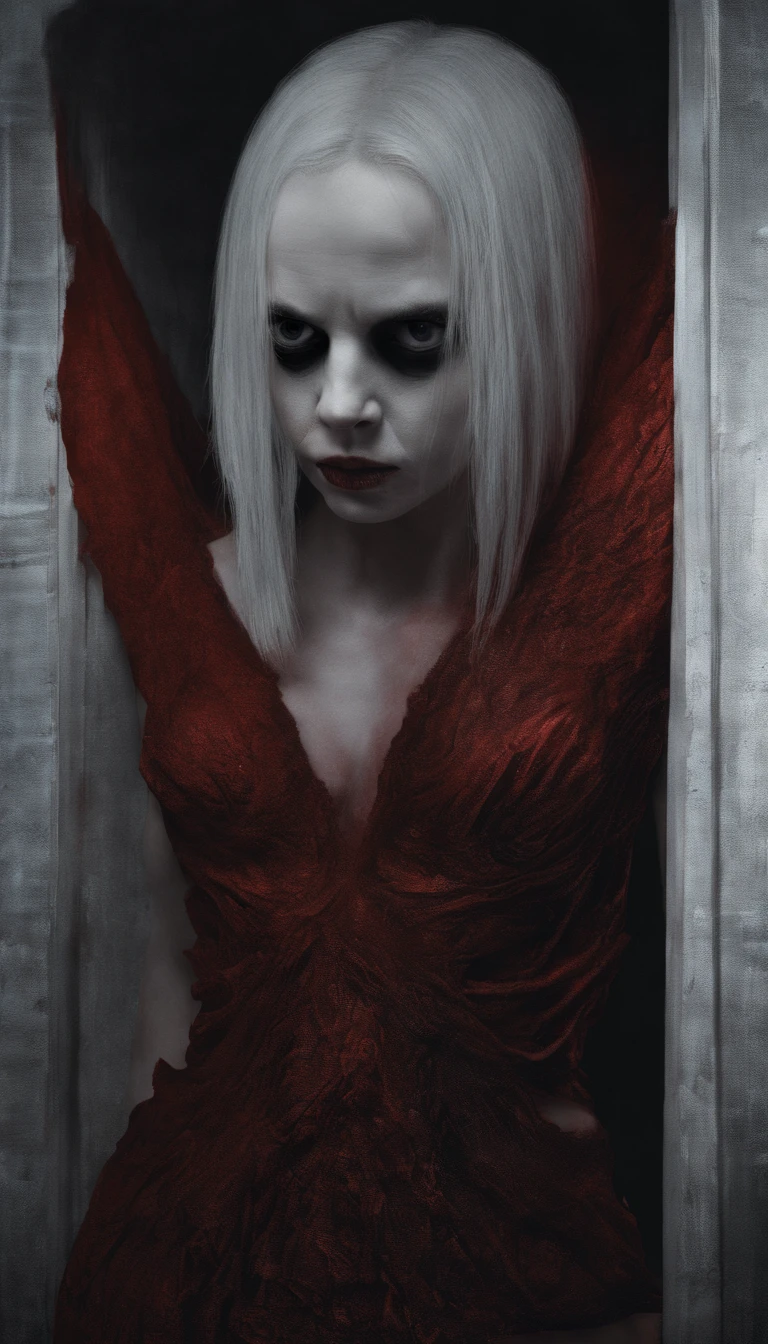 Blood red room, Flashing white TV screen, (Christina Ricci:1.3), cabelos preto e longos, with hair dishevelled, Cover one eye and face, Bright red eyes, Wearing a white transparent robe, Looming full breasts,liquor,Devil, reaching out her hands,Straighten your body, Red nails are exposed, Pinch the camera, hyper HD, Anatomically correct, Textured skin, Super detail, High details, High quality, A high resolution, 8K, hyper HD, Anatomically correct, Textured skin, Super detail, High details, High quality, Best quality, 8K,Leishnampo,Room 2,Horror