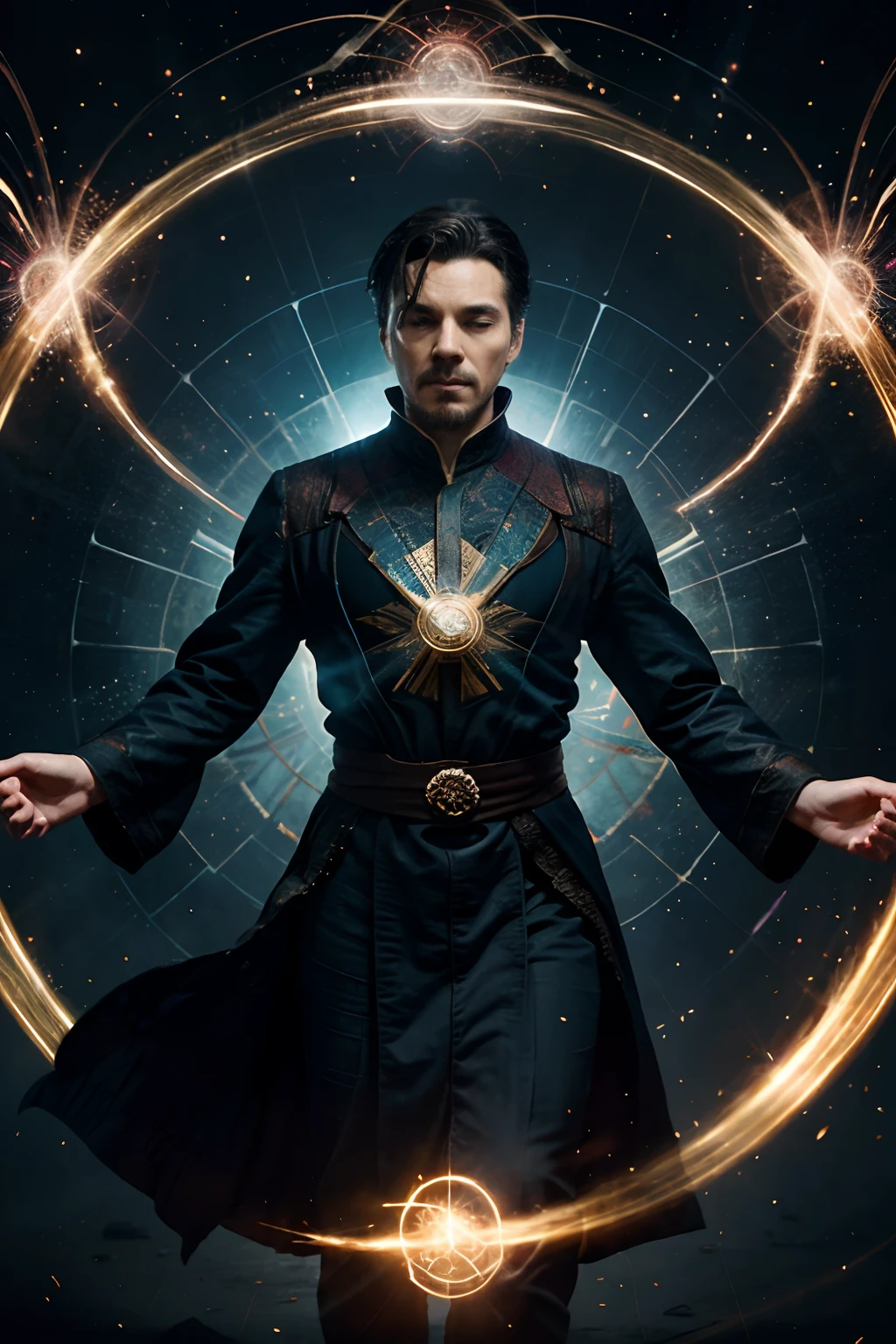 "Create an illustration of a sorcerer in a meditative pose with mystical energy swirling around him, inspired by Doctor Strange".