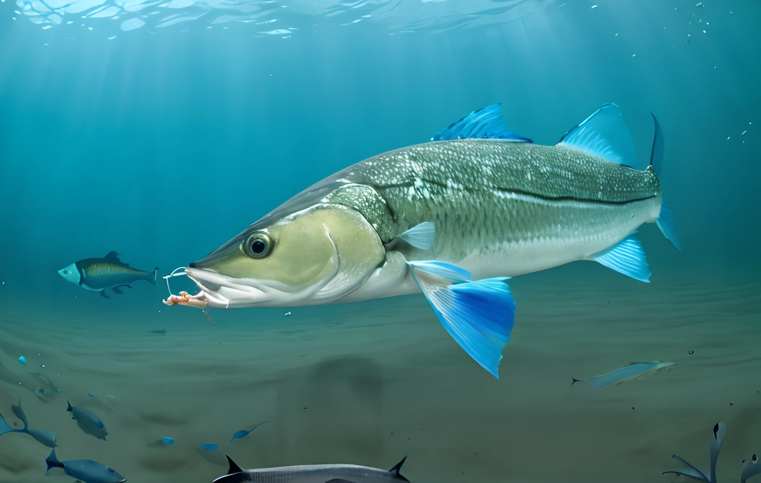 There's a fish that's swimming in the water with a hook,, uma boca fina, nariz de gancho longo, robalo, snook