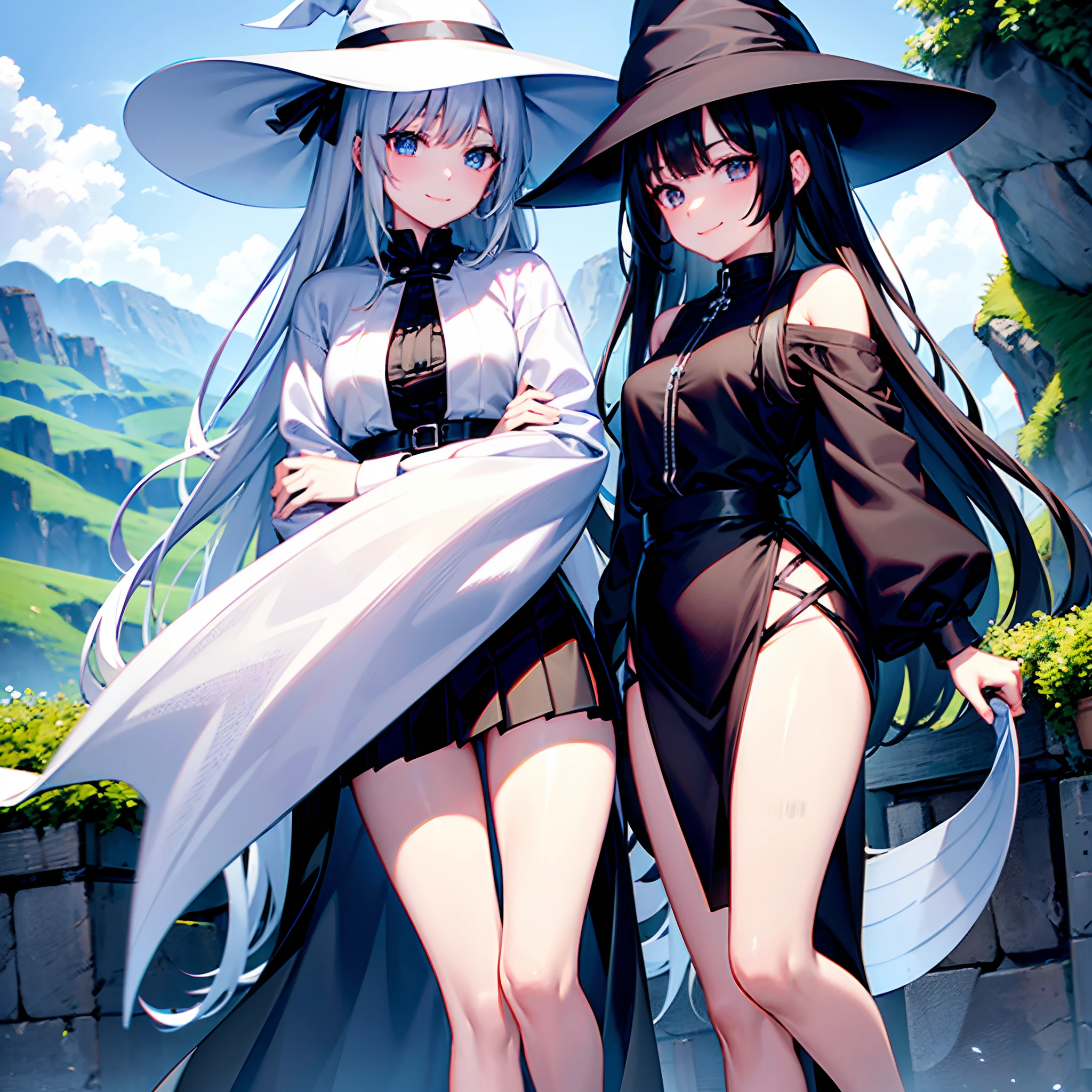 Two witch girls roaming the streets of another world naked、One has long white hair with an emerald green mesh, blue eyes with highlights, and wears a large black witch hat with sapphire accessories.、The other has short black hair with red mesh, red eyes with highlights, and wears a black witch hat.、nudde、fullnude、B cup breasts、discreet breasts、Small、Surrendering to pleasure、Pubic hair is visible、Female genitalia are visible、Looking at me with an embarrassed face、fullnude、nudde、Female genitalia are visible、clitoris is visible、Pubic hair grows、The vagina is visible、Modest but beautiful、R-18、pink nipples、Eromanga、Beautiful illustration、