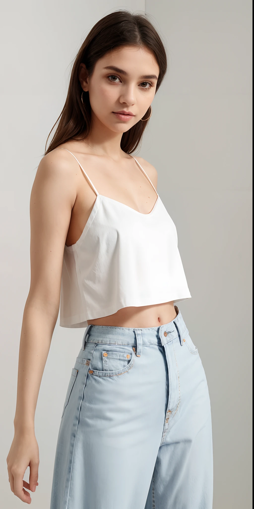 uma mulher de top branco e jeans posando para uma foto, usando um top cropped sexy, usando topo de corte, topo de corte, tampo branco, Topo de colheita, usando um top cropped, usando regata, usando um top cropped, usando um topo de corte, Bralette, usando uma camiseta regata, usando um top bonito, usando roupas simples e apertadas, tampo de cabresto branco