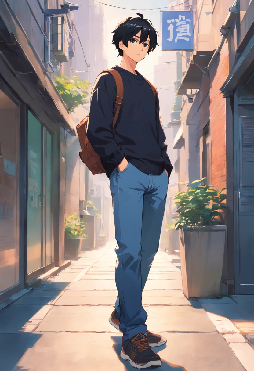 Ins style, clean style, complete headshot, a handsome guy, black hair, short hairstyle, masterpiece, hopeful eyes, black sweater and long jeans, hiking shoes, perfect hands and fingers, standing pose, tall guy, adult guy, Sharp eyes, athletic body