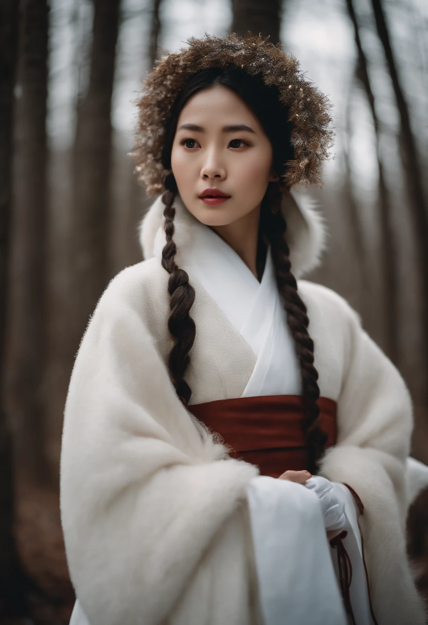 Korean girl in white hanbok, On the shoulders is a winter cape with a hood, Dark brown hair, Part of the hair is gathered and decorated with hairpins, In the Ice Forest, A white fox sits at her feet.