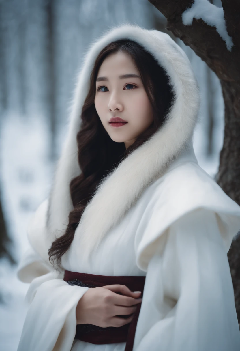 Korean girl in white hanbok, On the shoulders is a winter cape with a hood, Dark brown hair, Part of the hair is gathered and decorated with hairpins, In the Ice Forest, A white fox sits at her feet.