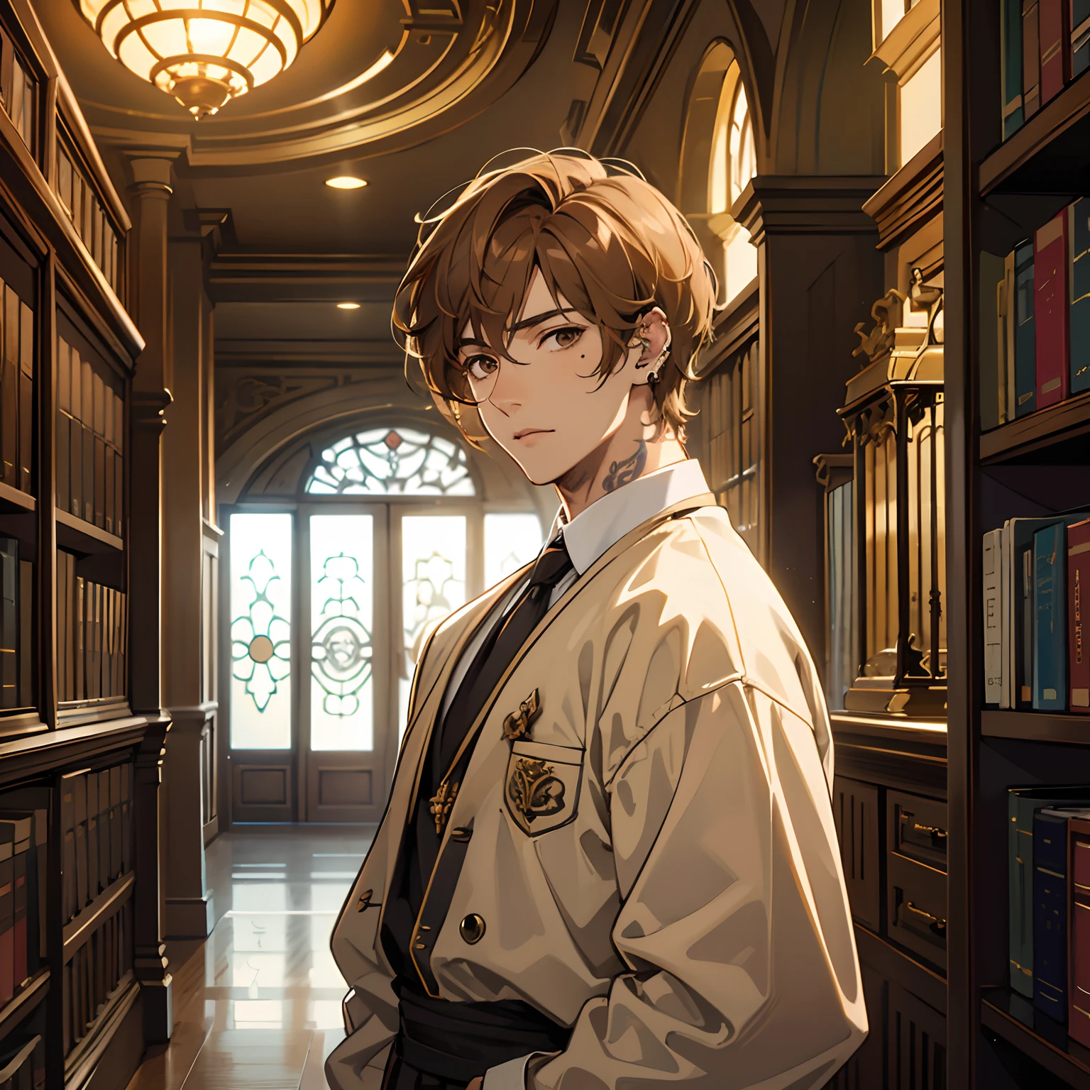 Handsome male, light tan hair, short wavy hair, brown eyes, tattoos, piercings, wearing light academia style clothes, big library with window behind background
